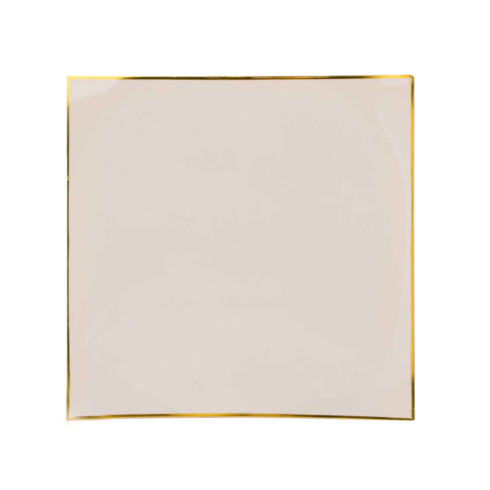 10-Pack Plastic 8" Square Dessert Plates in Taupe Concave Style with Gold Rim - Modern Disposable Salad Appetizer Party Plates