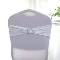 5 Pack Stretch Spandex Chair Sashes White - Classy Reusable Chair Bands with Silver Diamond Ring Slide Buckle 5"x14"