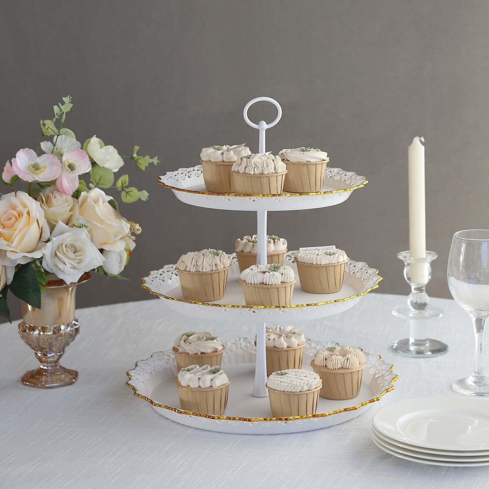 3-Tier Plastic Round Cupcake Stand 15" White with Lace Gold Rim Scalloped Edges