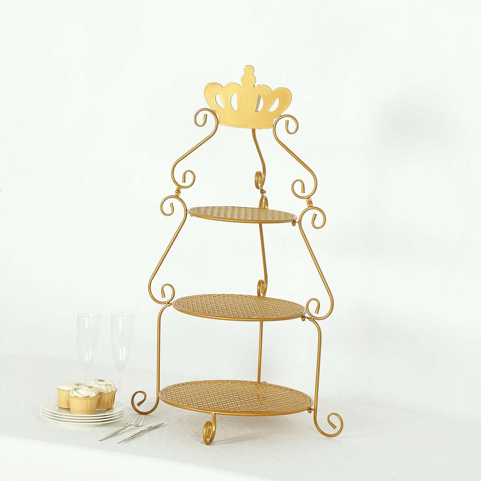 3 Tier Metal Round Cake Stand 32" Gold with Crown Top - Easy To Assemble Cupcake Holder Dessert Display Stand for Sophisticated Tea Parties Buffet Tables & Special Occasions
