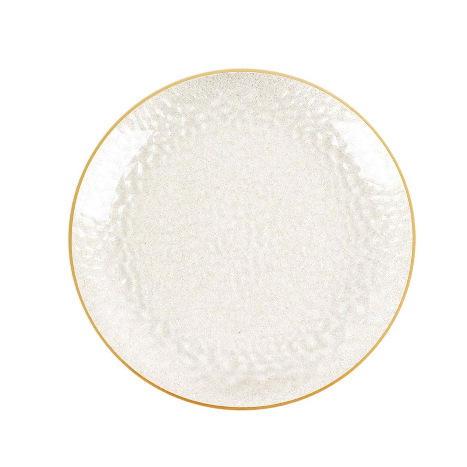 10-Pack Plastic 9" Round Dinner Plates in Clear Gold Glittered Hammered Design with Gold Rim - Modern Disposable Party Plates
