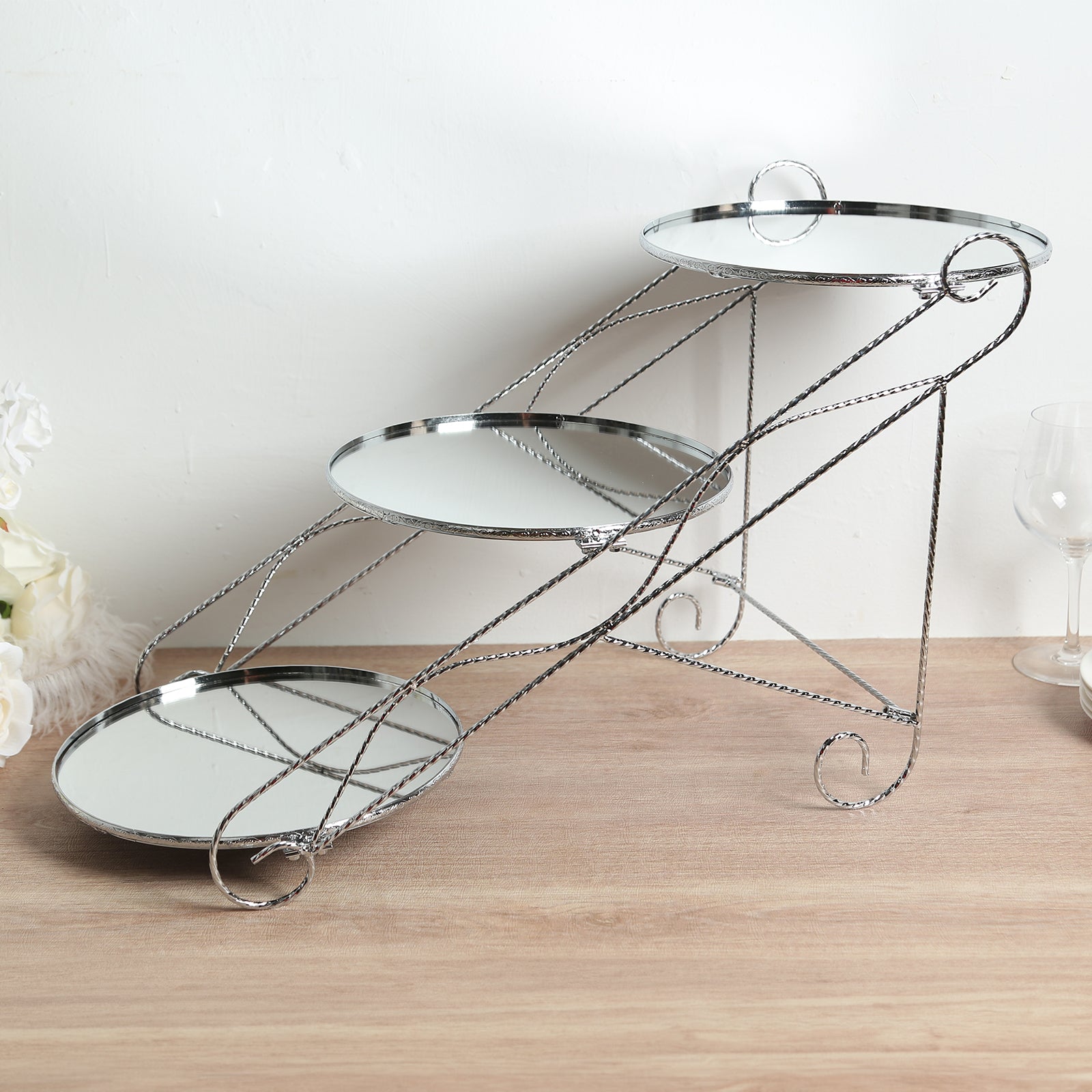 3-Tier Cake Stand Cascading Design with Round Mirror Trays Silver - Dessert Display and Serving Platter Metal 16"x19"