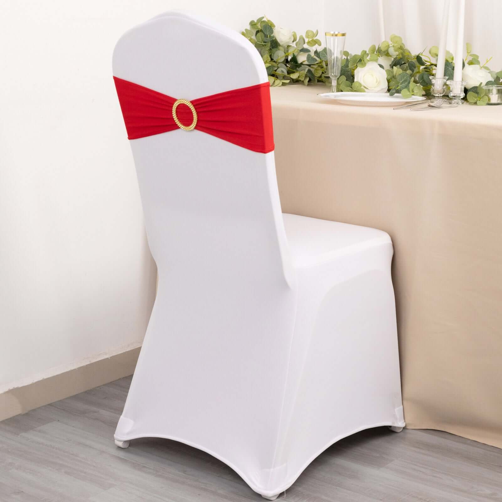 5 Pack Spandex Chair Sashes Red with Gold Rhinestone Buckles - Reusable Four-Way Stretch Sash Bands 5"x14"