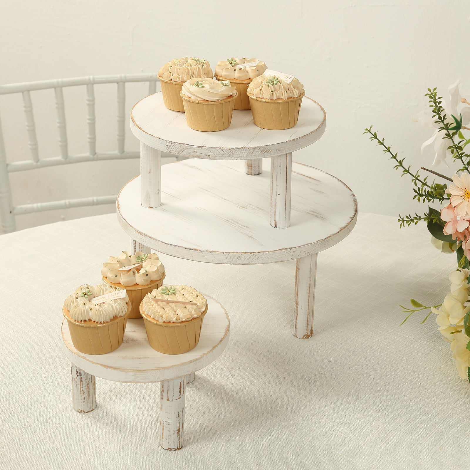 Set of 3 Wooden Pedestal Cake Stands Whitewash with Removable Legs - Stackable Round Rustic Plant Risers 7", 9.5", 12"