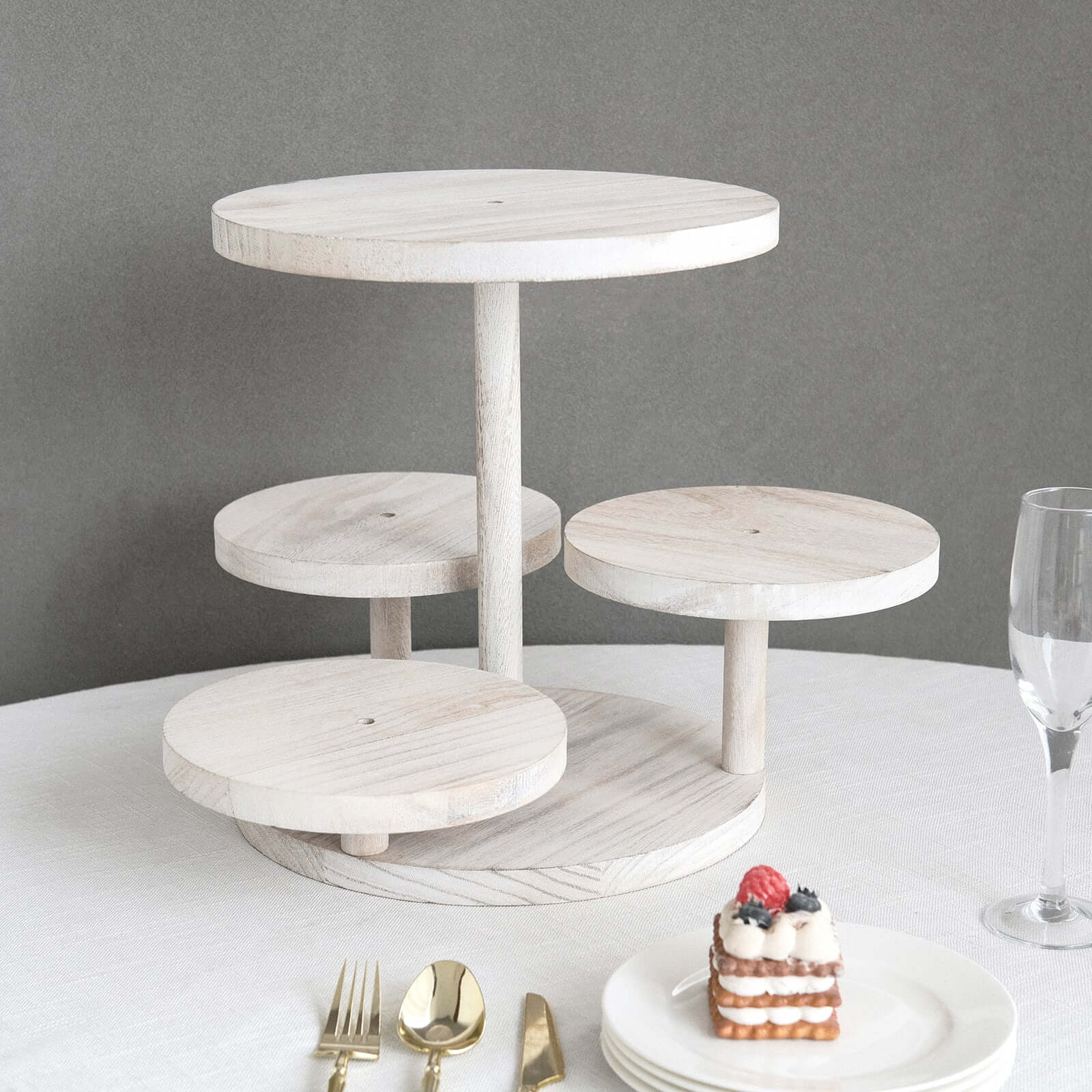 4-Tier Wooden Cake Stand Whitewash with Round Tiered Trays - Rustic Cupcake Tower Dessert Display 14" Tall
