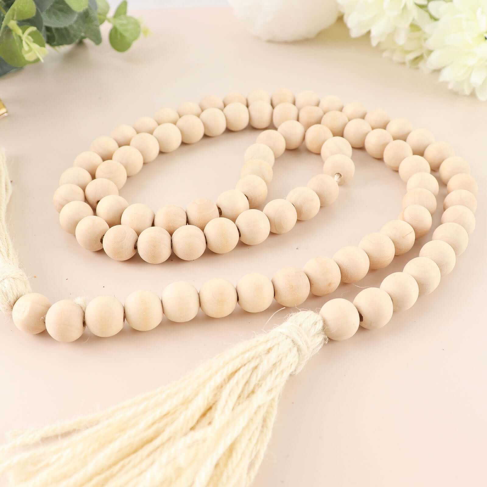 55" Cream Rustic Boho Chic Wood Bead Garland With Tassels, Farmhouse Country Wood Bead Chain