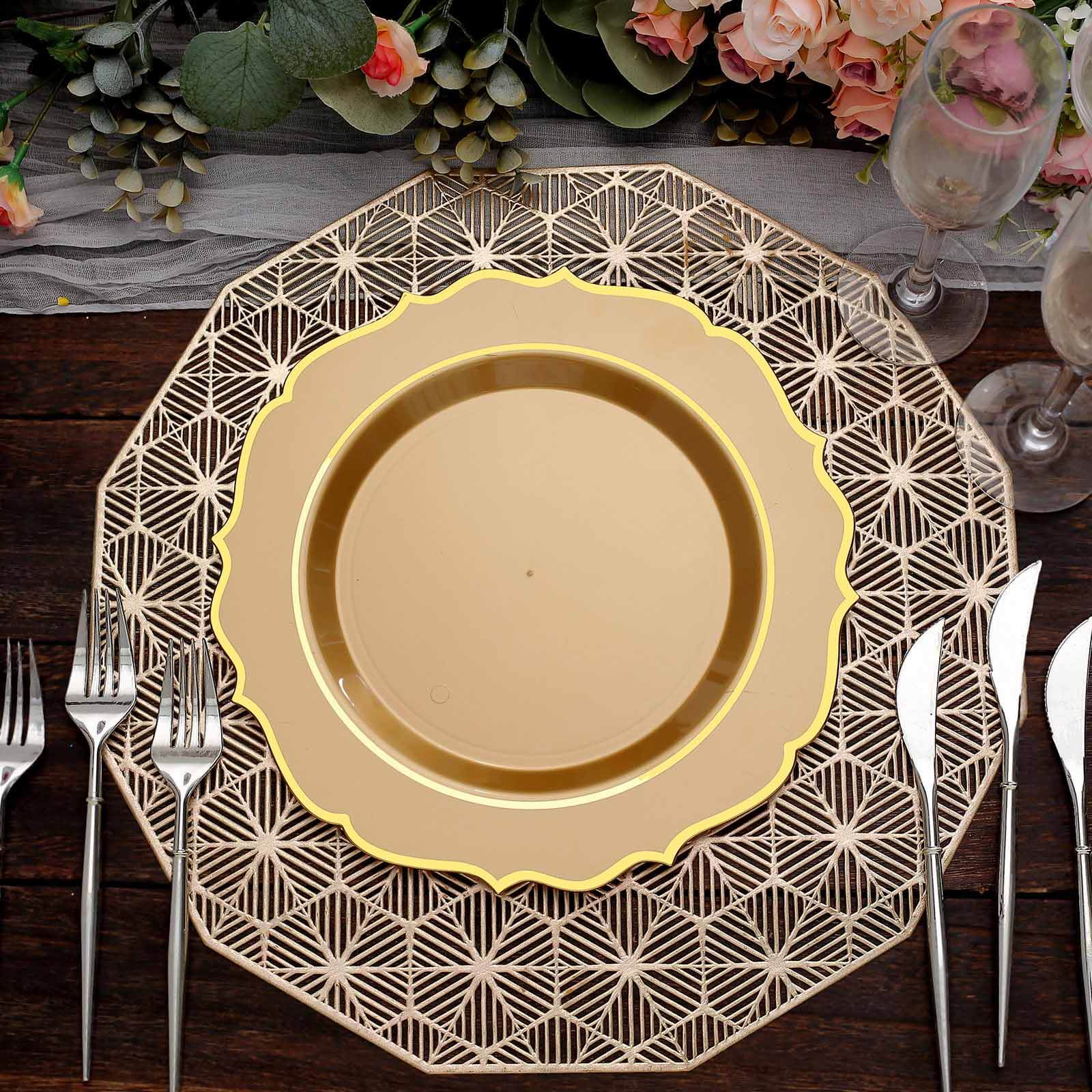 10-Pack Plastic 10" Round Dinner Plates in Gold with Gold Scalloped Rim - Disposable Party Plates