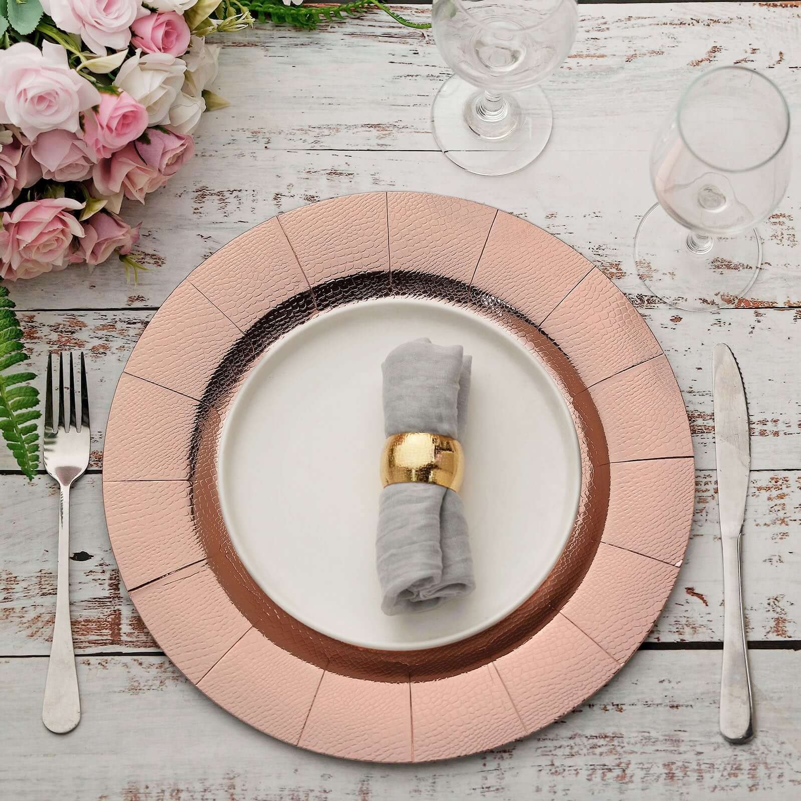 10-Pack Disposable Round Charger Plates in Rose Gold with Leathery Texture - Durable 1100GSM Cardboard Placemats 13"