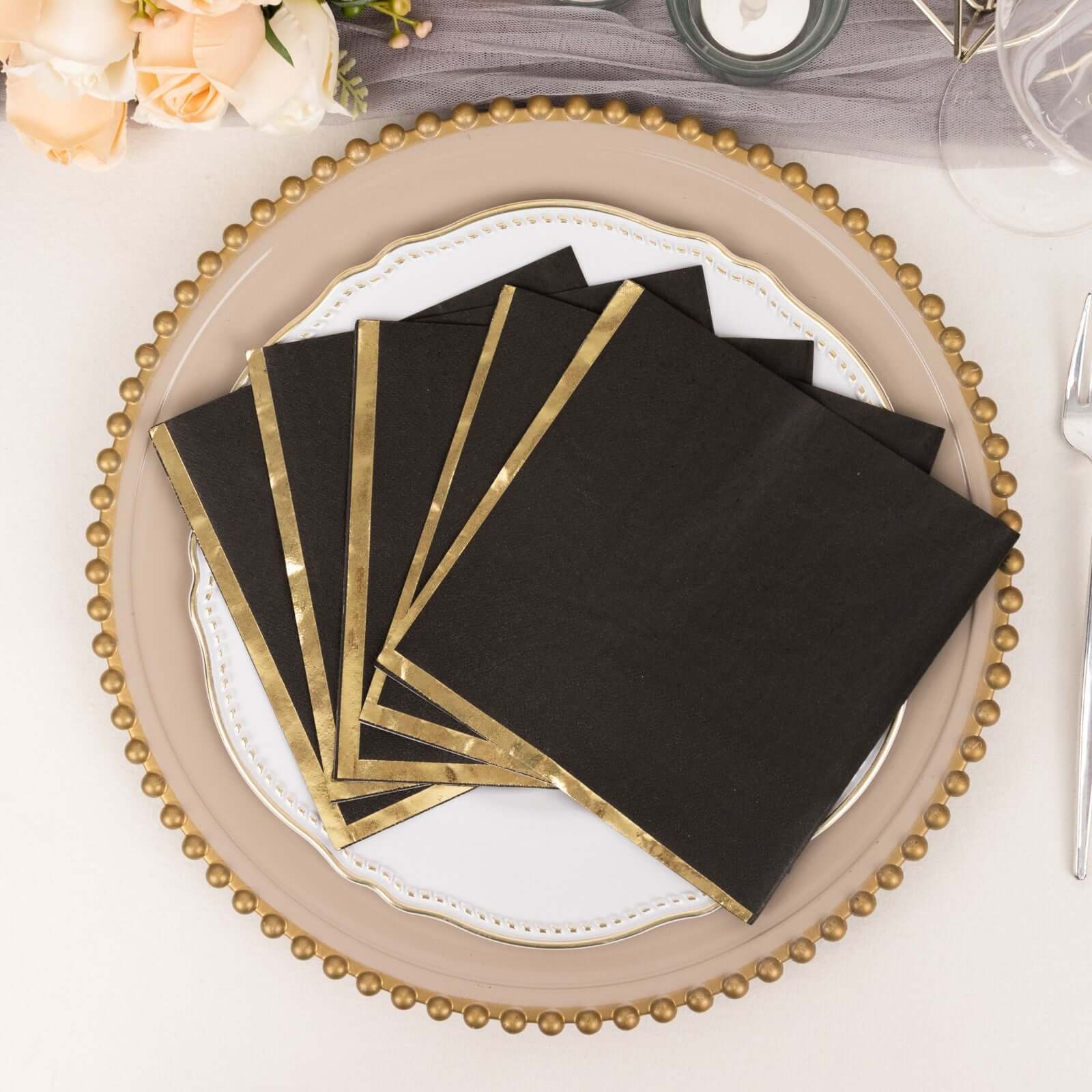50-Pack Paper Beverage Napkins with Gold Foil Edge Black - Disposable 2 Ply Cocktail Napkins for Events 6.5"x6.5"
