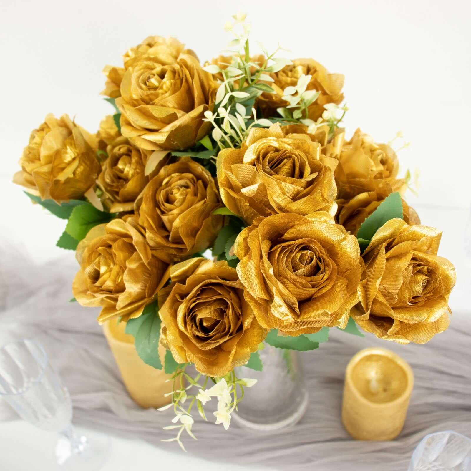 2 Bushes 18" Real Touch Gold Artificial Rose Flower Bouquet, Silk Long Stem Flower Arrangements