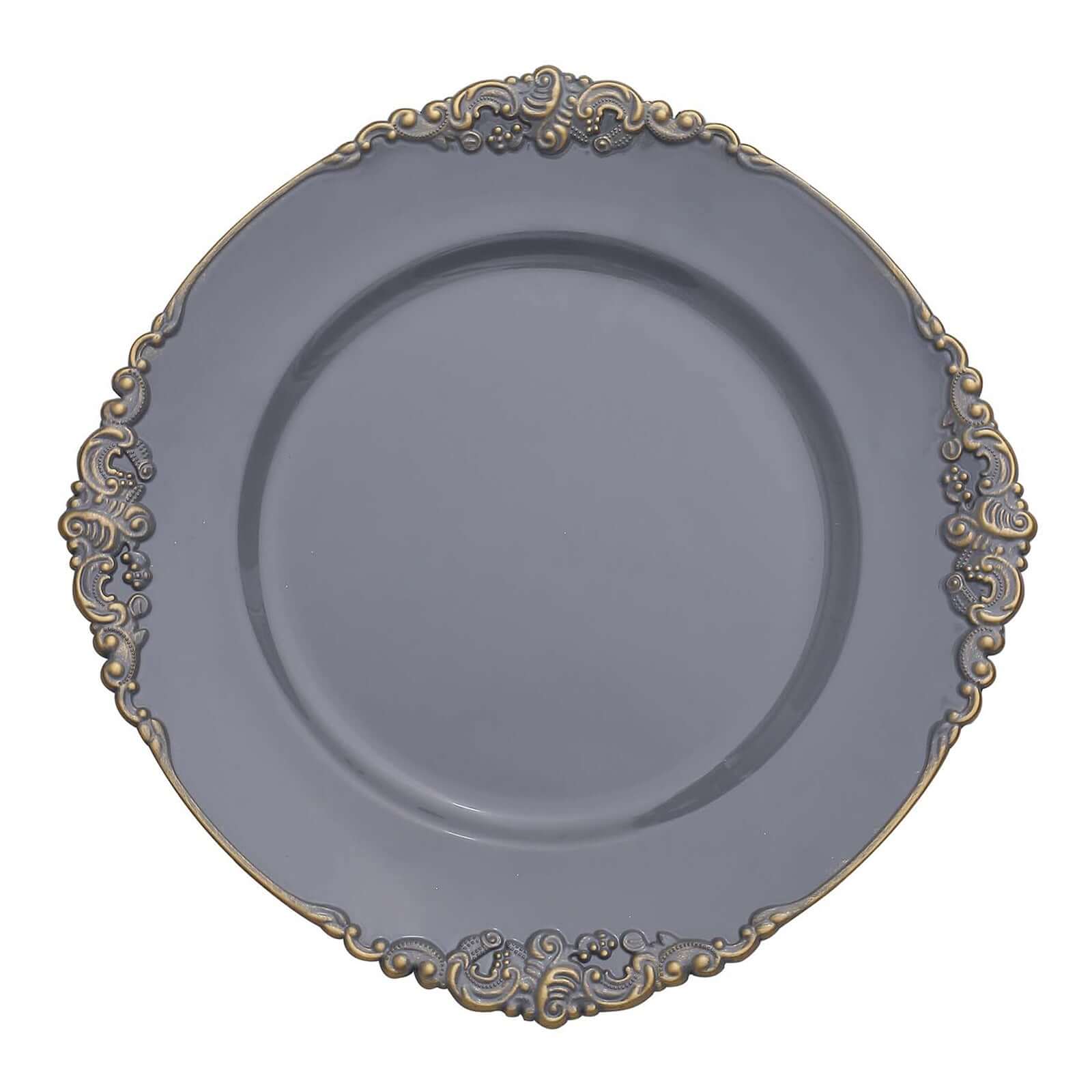 6-Pack Acrylic Round Charger Plates 13" in Charcoal Gray with Gold Embossed Baroque Rim, Antique Decorative Dinner Party Charger Tableware