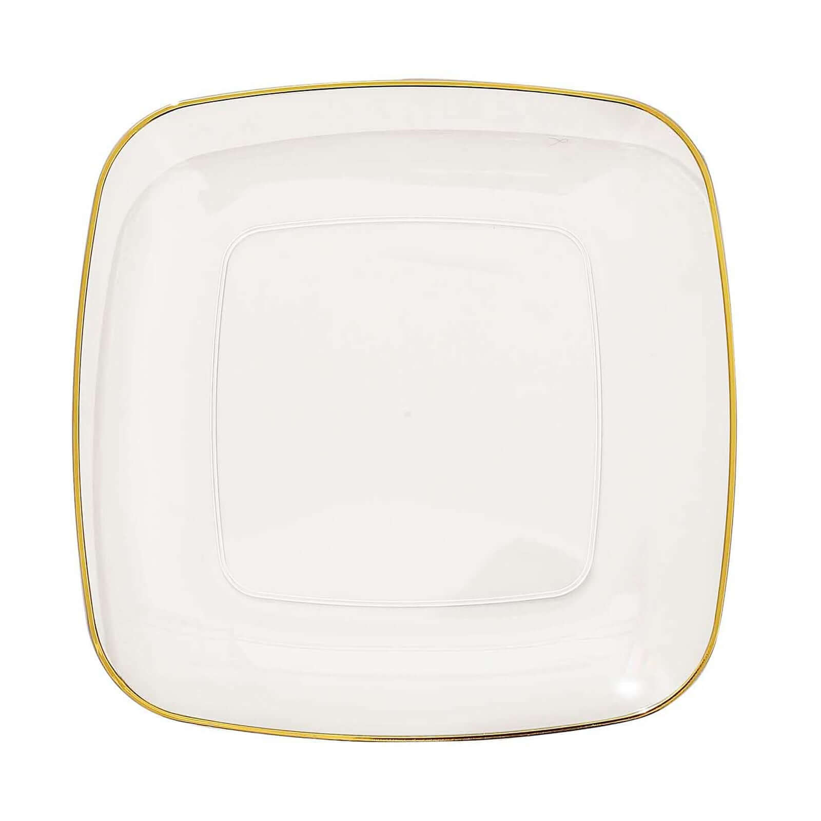 10-Pack Plastic 10" Square Dinner Plates in Clear with Gold Rim - Classy Disposable Lunch Party Plates