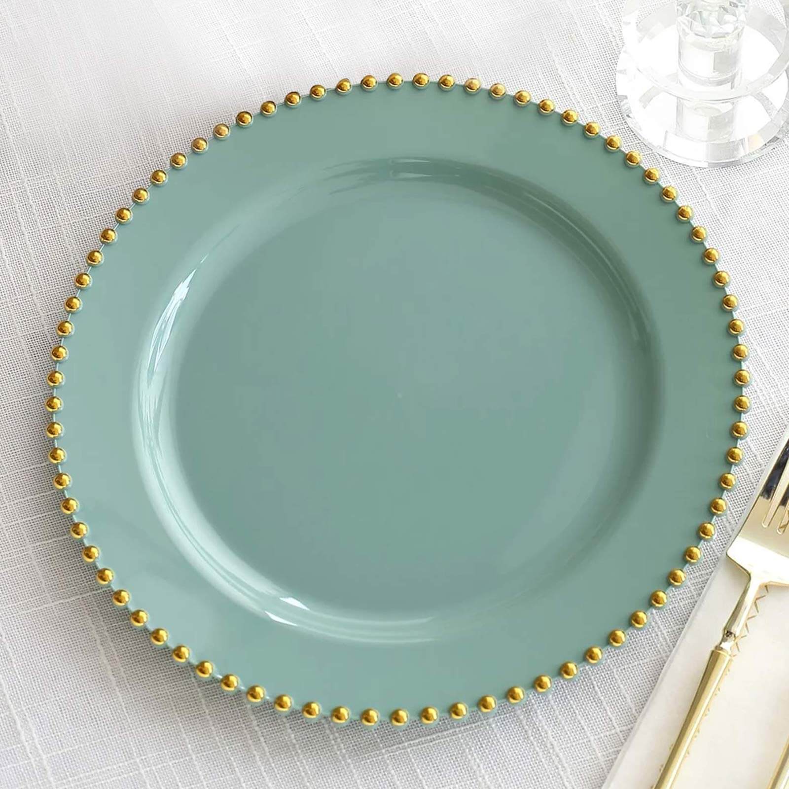 10-Pack Plastic 10" Round Dinner Plates in Dusty Sage Green with Gold Beaded Rim - Disposable Party Plates for Banquets & Festive Occasions