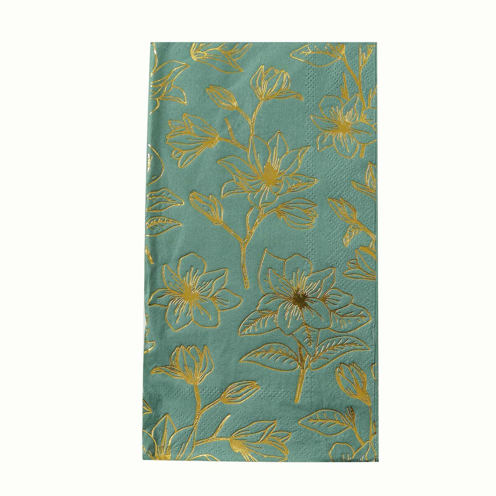 50-Pack Paper Dinner Napkins Dusty Sage Green with Gold Magnolia Flowers Print 2-Ply - Disposable Soft Napkins for Parties