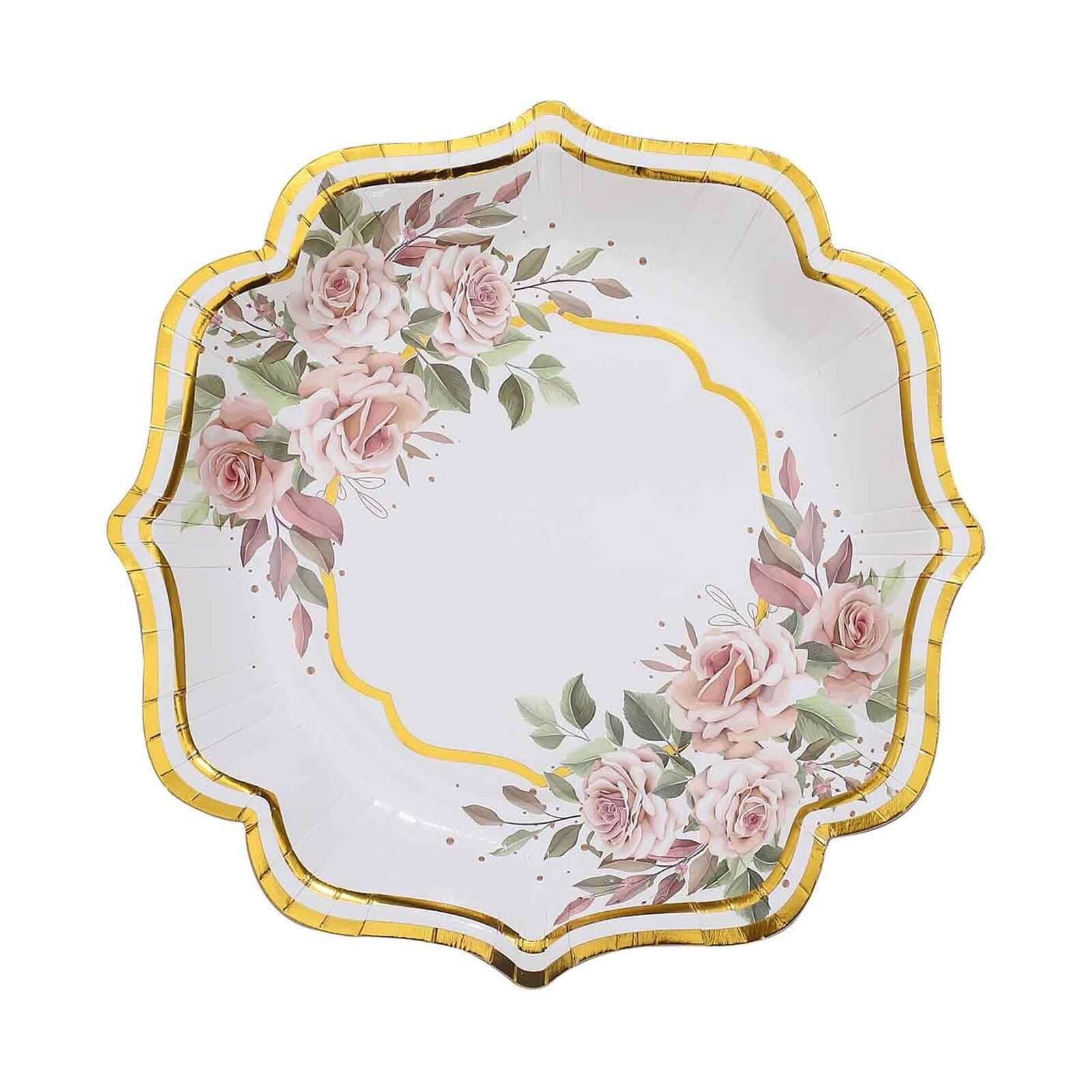 25-Pack Paper 8" Dessert Plates in White with Floral Print & Gold Scallop Rim - Disposable 300GSM Appetizer Salad Plates for Cocktail Events & Receptions