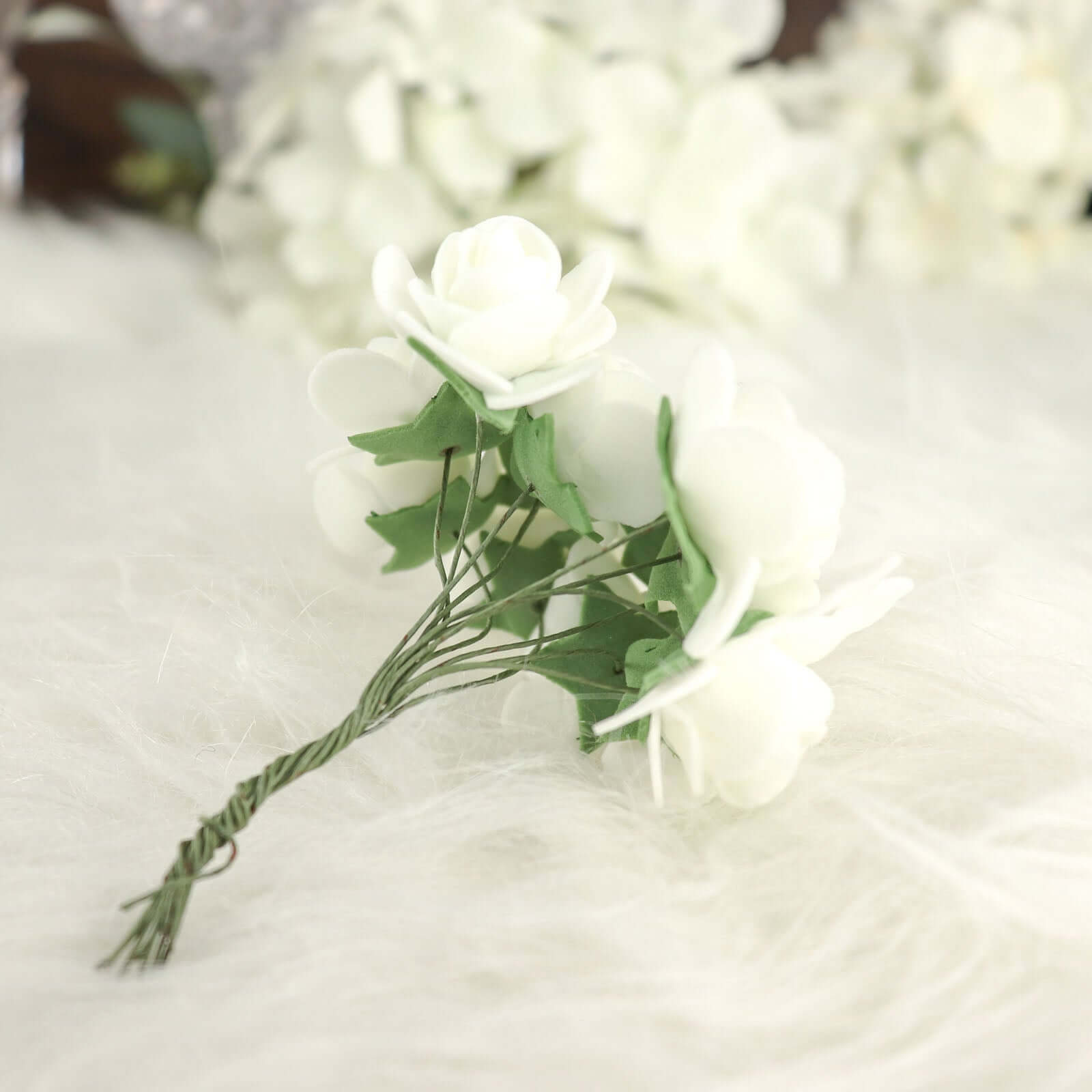 48 Roses 1" Ivory Real Touch Artificial DIY Foam Rose Flowers With Stem, Craft Rose Buds