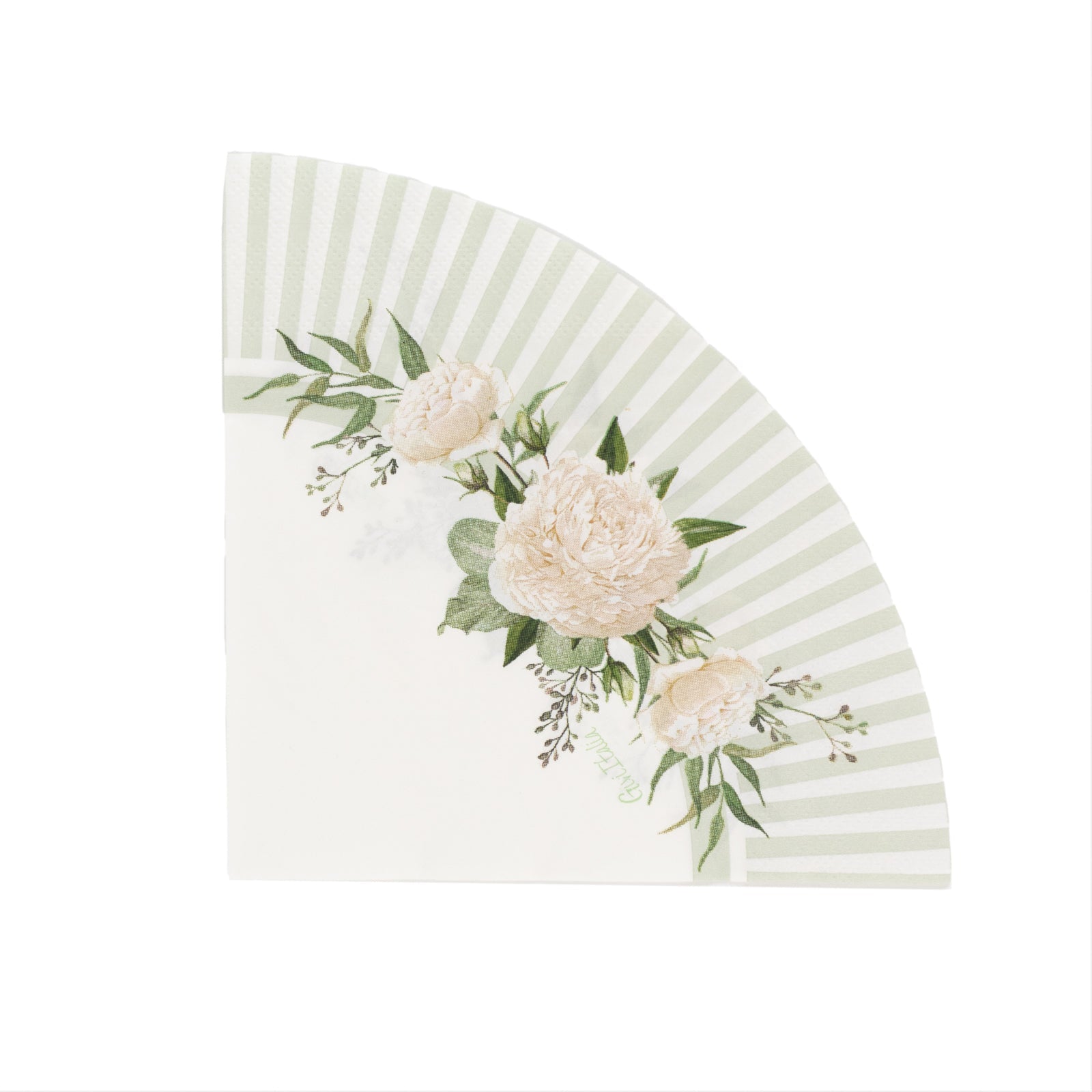25-Pack Round Paper Cocktail Napkins with Floral Lined Pattern White/Sage Green - Disposable 2 Ply Beverage Napkins 6"x6"