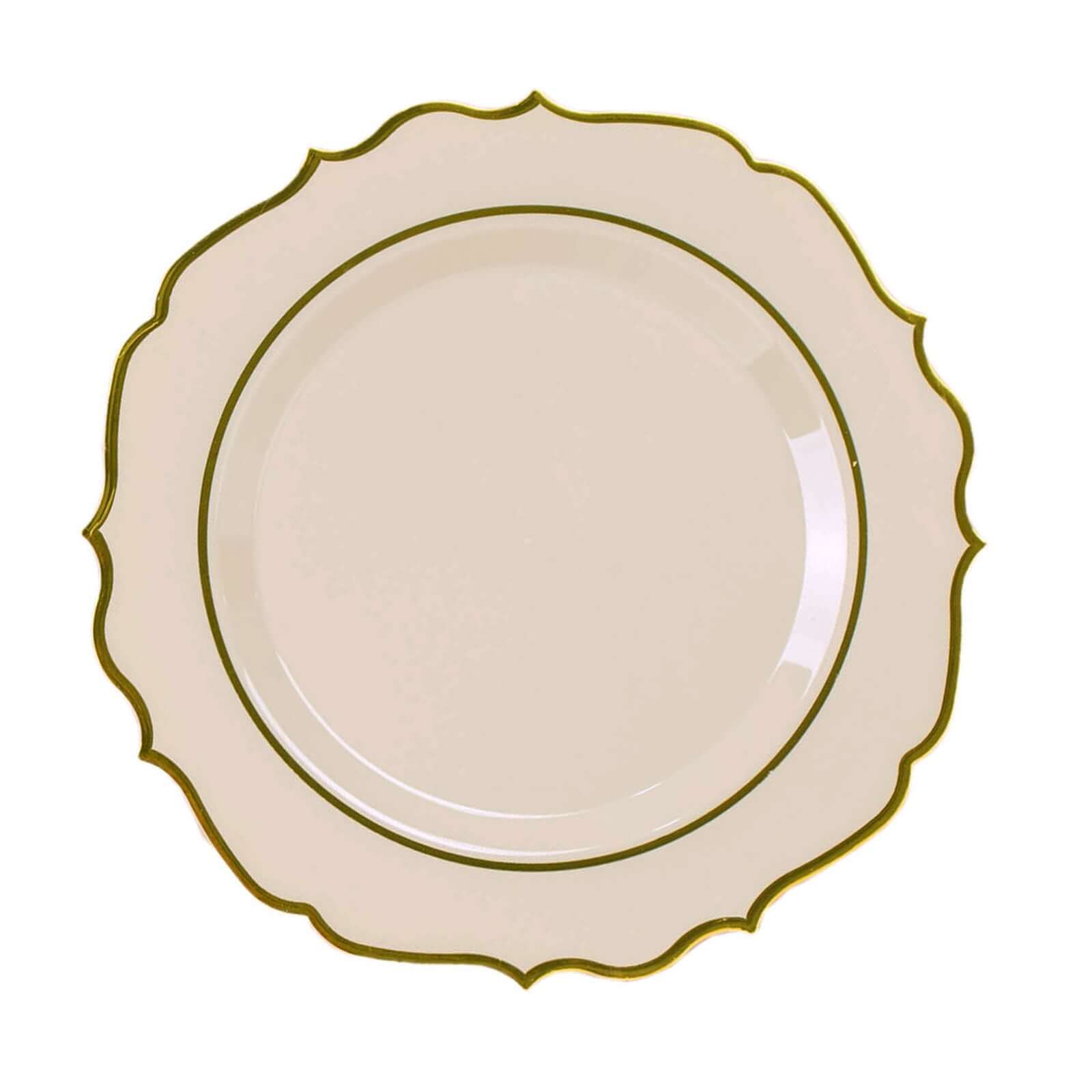10-Pack Plastic 10" Round Dinner Plates in Taupe with Gold Scalloped Rim - Disposable Party Plates