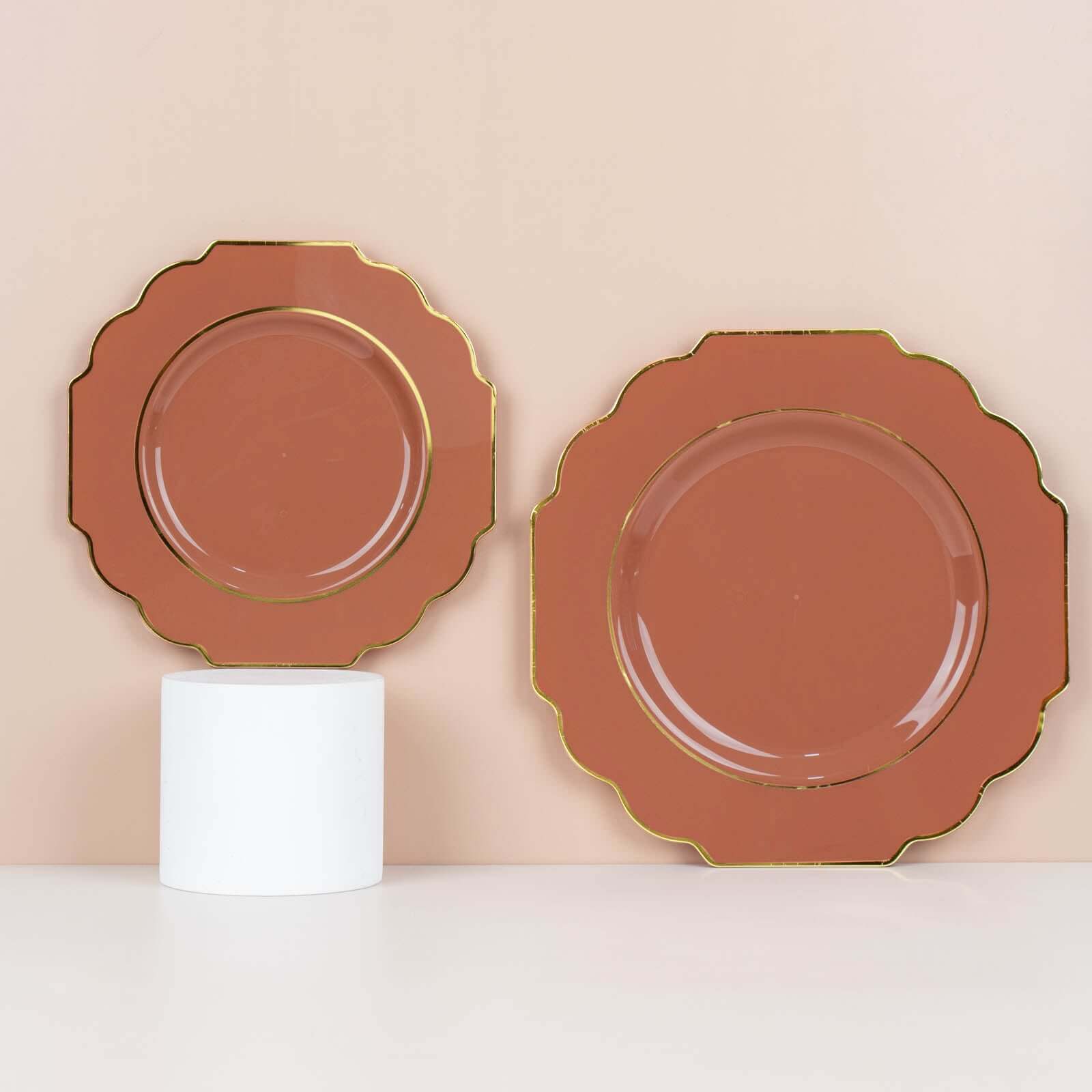 10-Pack Plastic Dessert Appetizer Plates in Terracotta (Rust) Baroque Design with Scalloped Gold Rim - Heavy Duty Disposable Salad Plates 8"