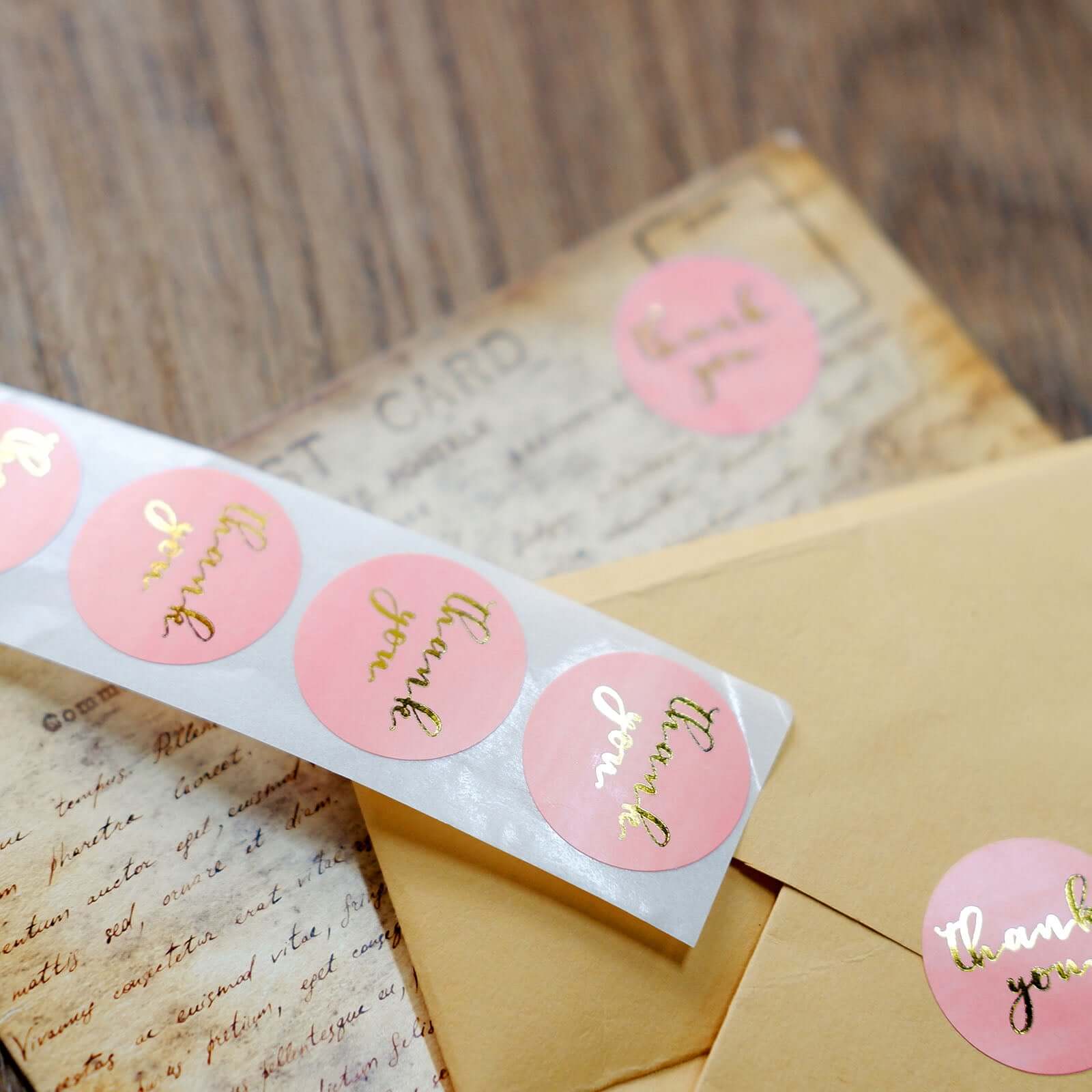 500Pcs 1" Thank You Gold Foil Text On Pink Stickers Roll Décor, Labels and Seals For DIY Envelope - Round
