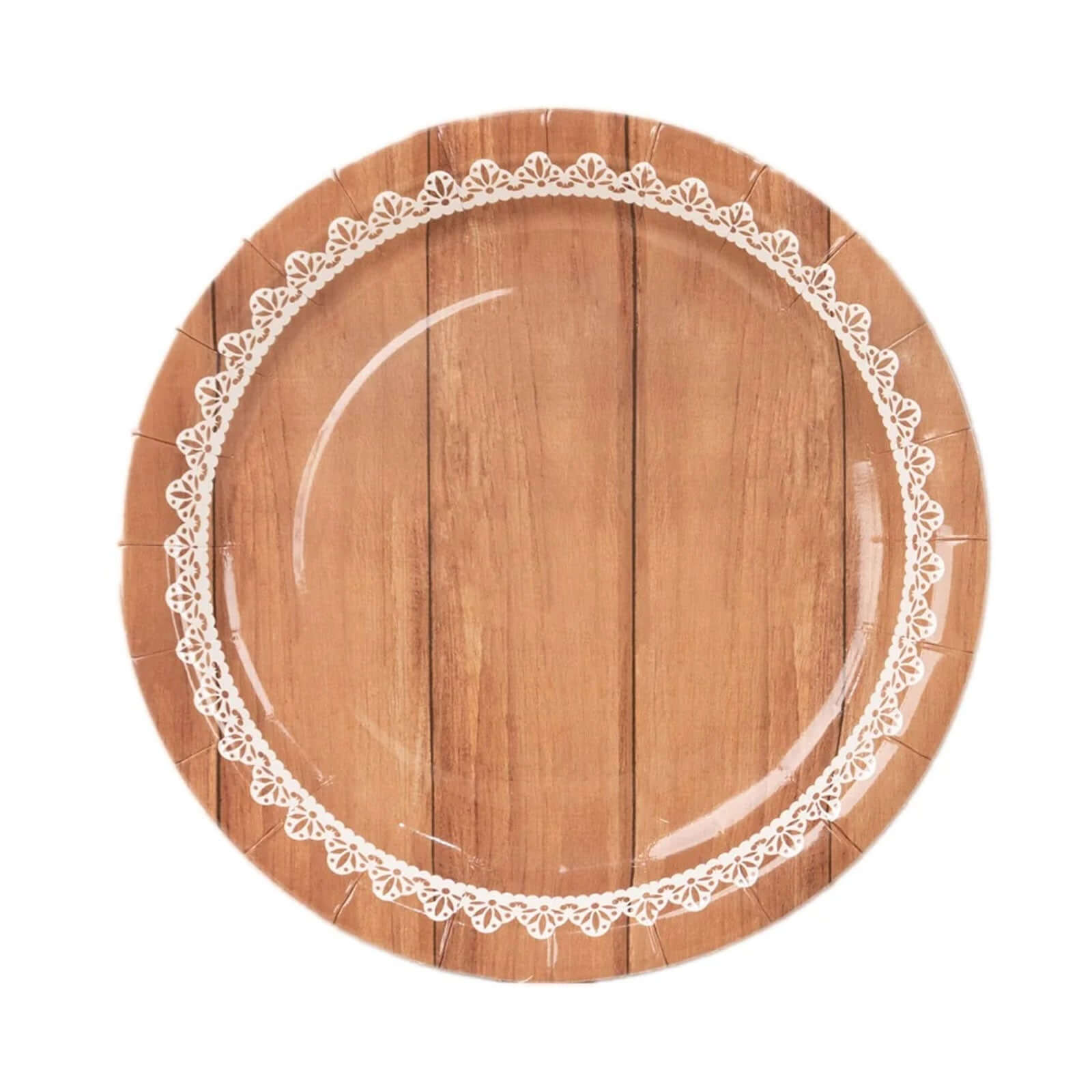 25-Pack Paper 9" Round Dinner Plates in Brown Wood Grain Print with White Floral Lace Rim - Disposable Party Plates for Rustic Farmhouse Style Events
