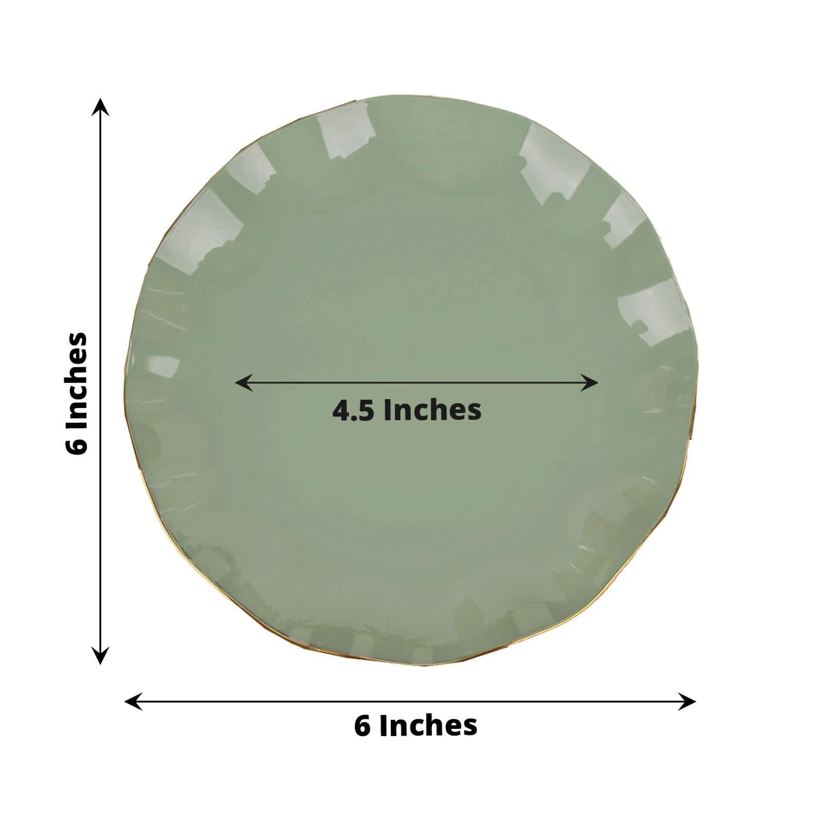 10-Pack Plastic Round 6" Dessert Plates in Dusty Sage Green Ruffled Rim with Gold Edging - Sturdy Disposable Salad Appetizer Dinnerware