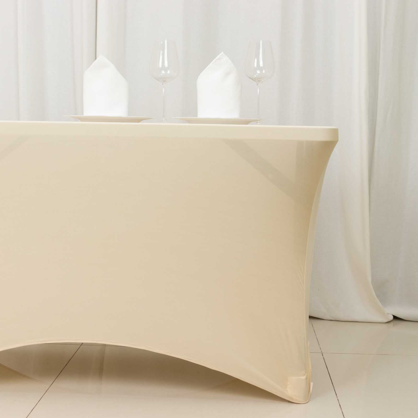 Stretch Spandex 48"x30" Rectangle Tablecloth Beige - Durable Form-Fitting Table Cover