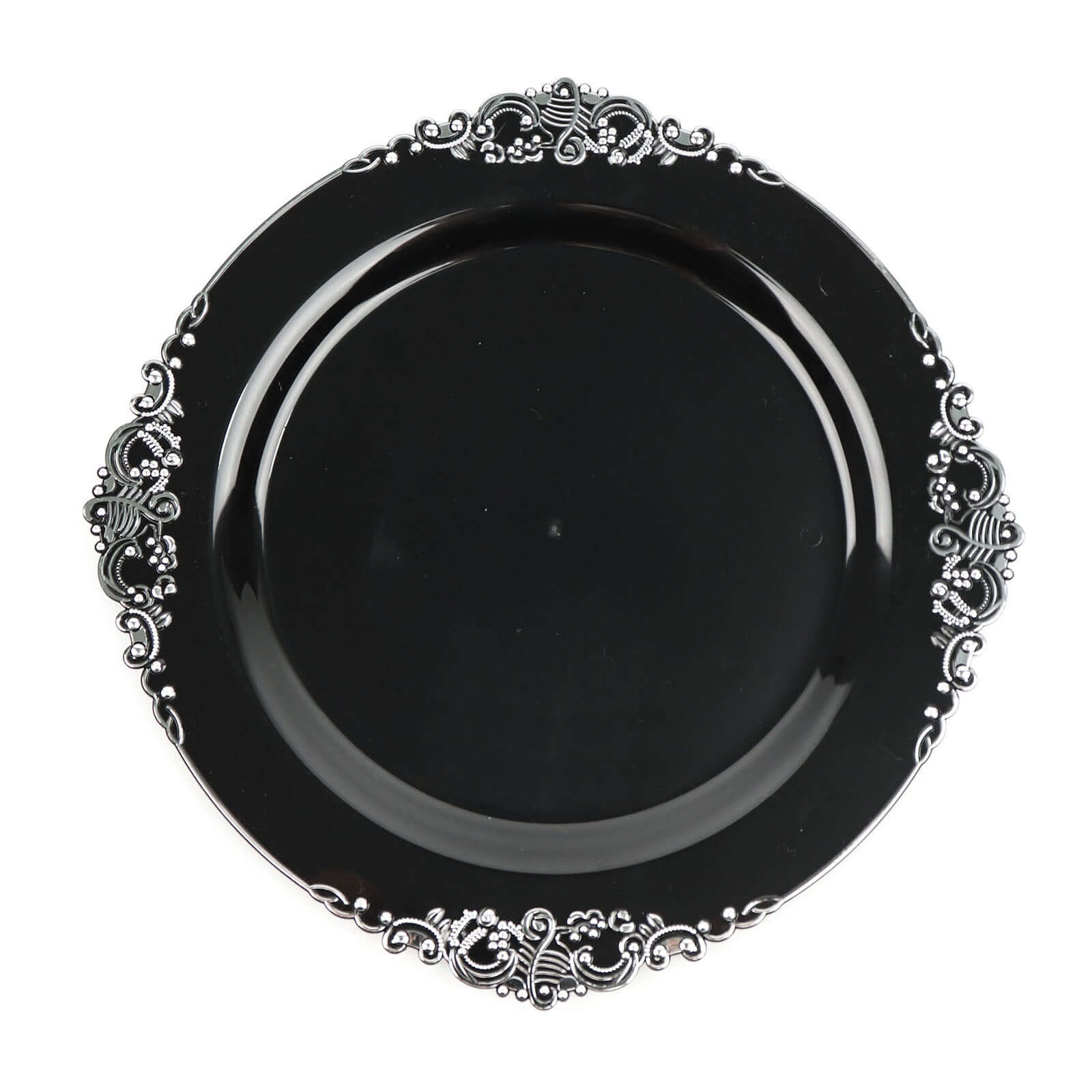 10-Pack Plastic 10" Round Dinner Plates in Black with Silver Leaf Embossed Rim - Disposable Vintage Baroque Style Plates