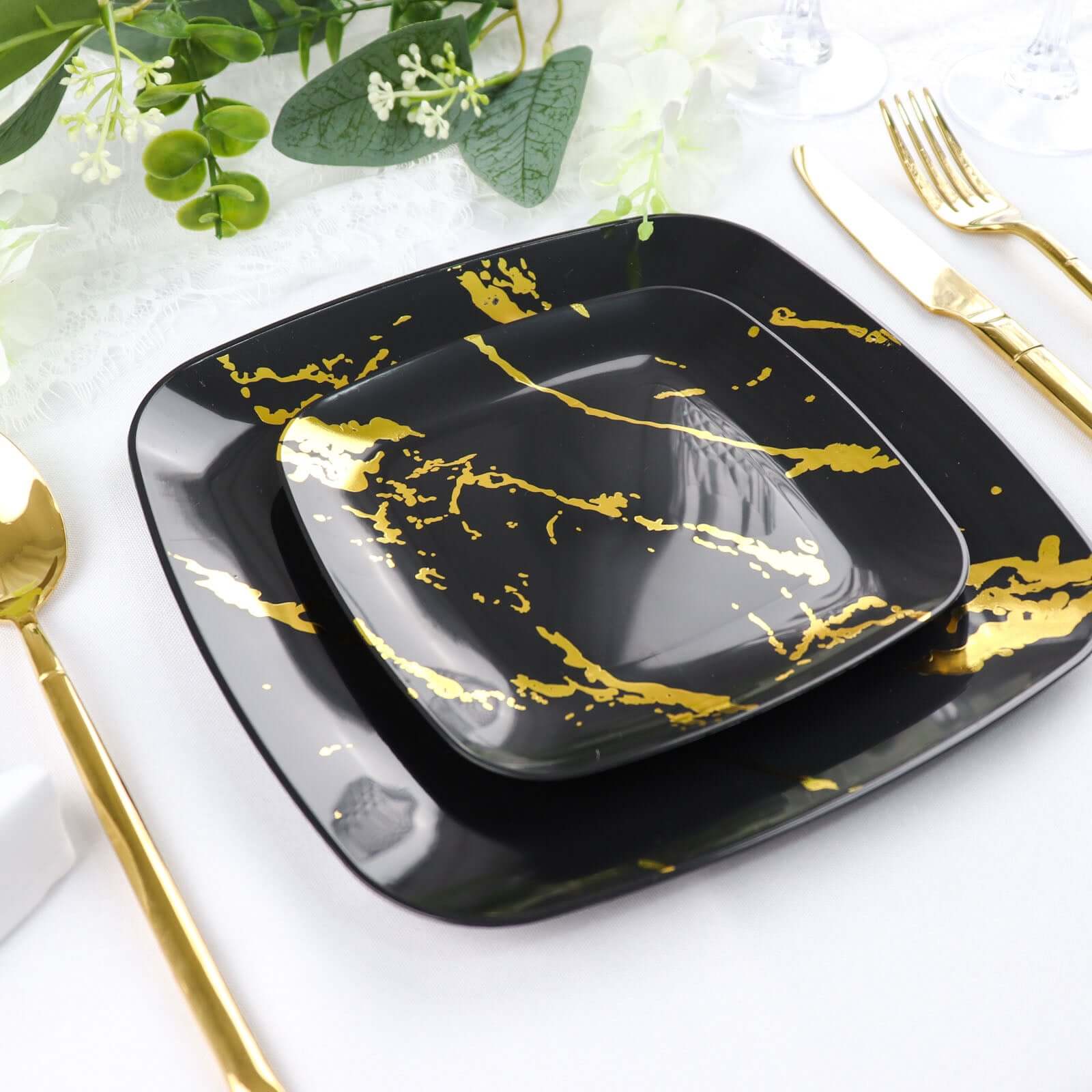 10-Pack Plastic 8" Square Dessert Plates in Black with Gold Marble Design - Disposable Appetizer Salad Party Plates