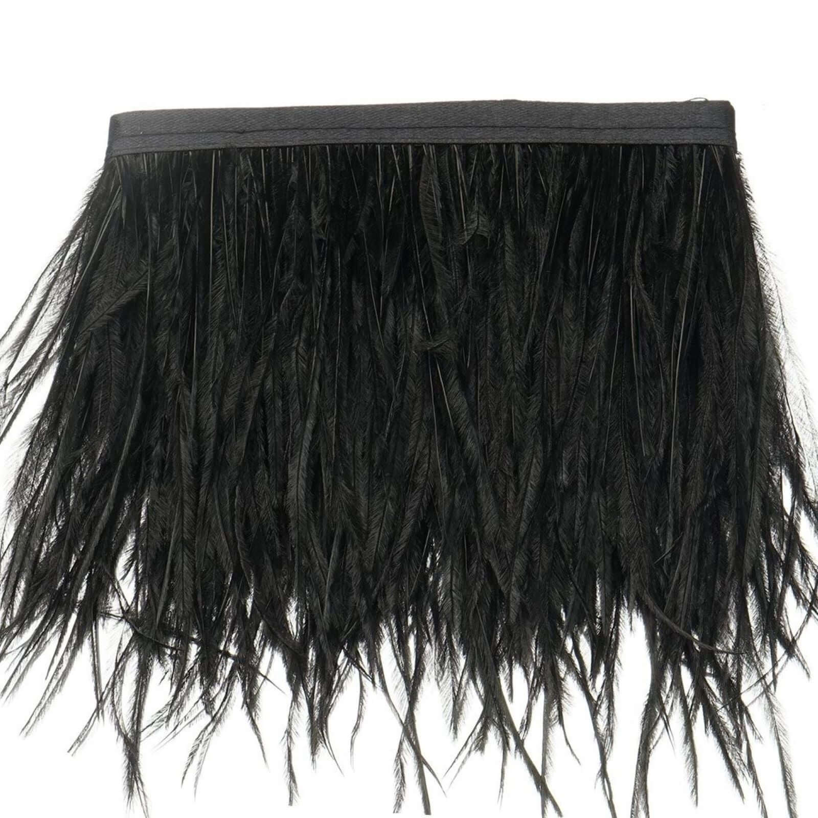39" Black Real Ostrich Feather Fringe Trim With Satin Ribbon Tape