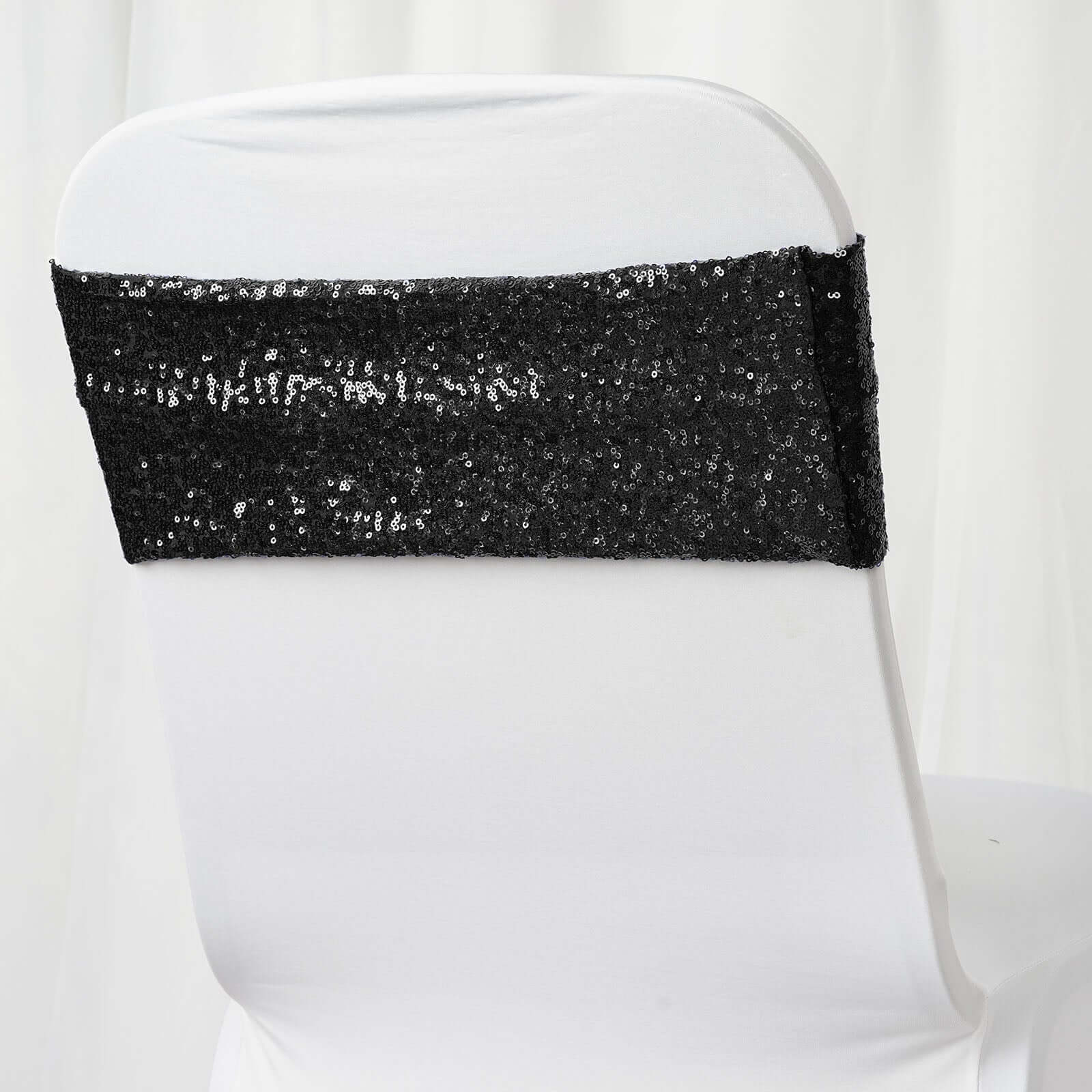5 Pack Sequin Spandex Chair Sashes Black - Sparkly Stretch Chair Bands for Glamorous Events 6"x15"