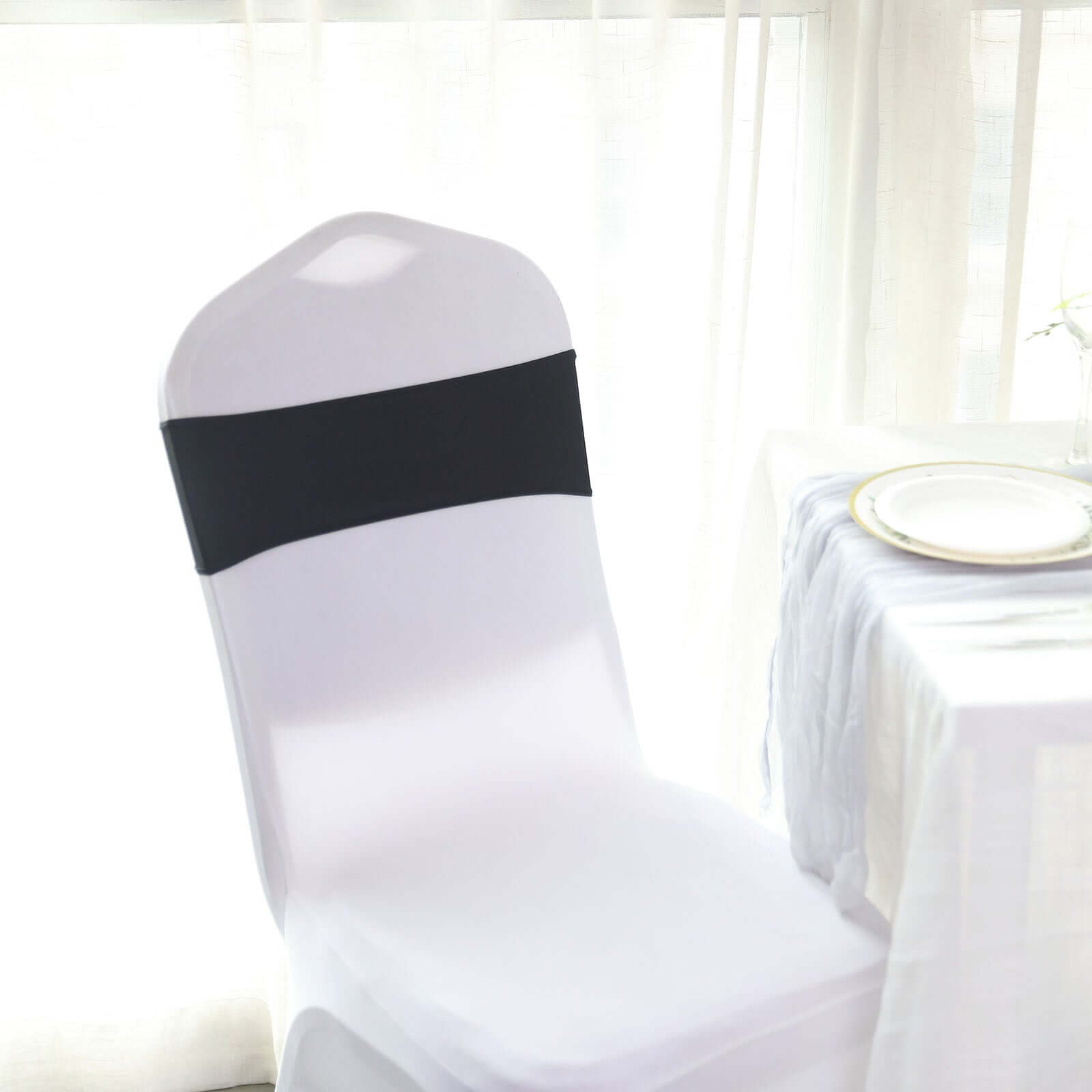 5 Pack Stretch Spandex Chair Sashes Black - Classy Reusable Chair Bands with Silver Diamond Ring Slide Buckle 5"x14"