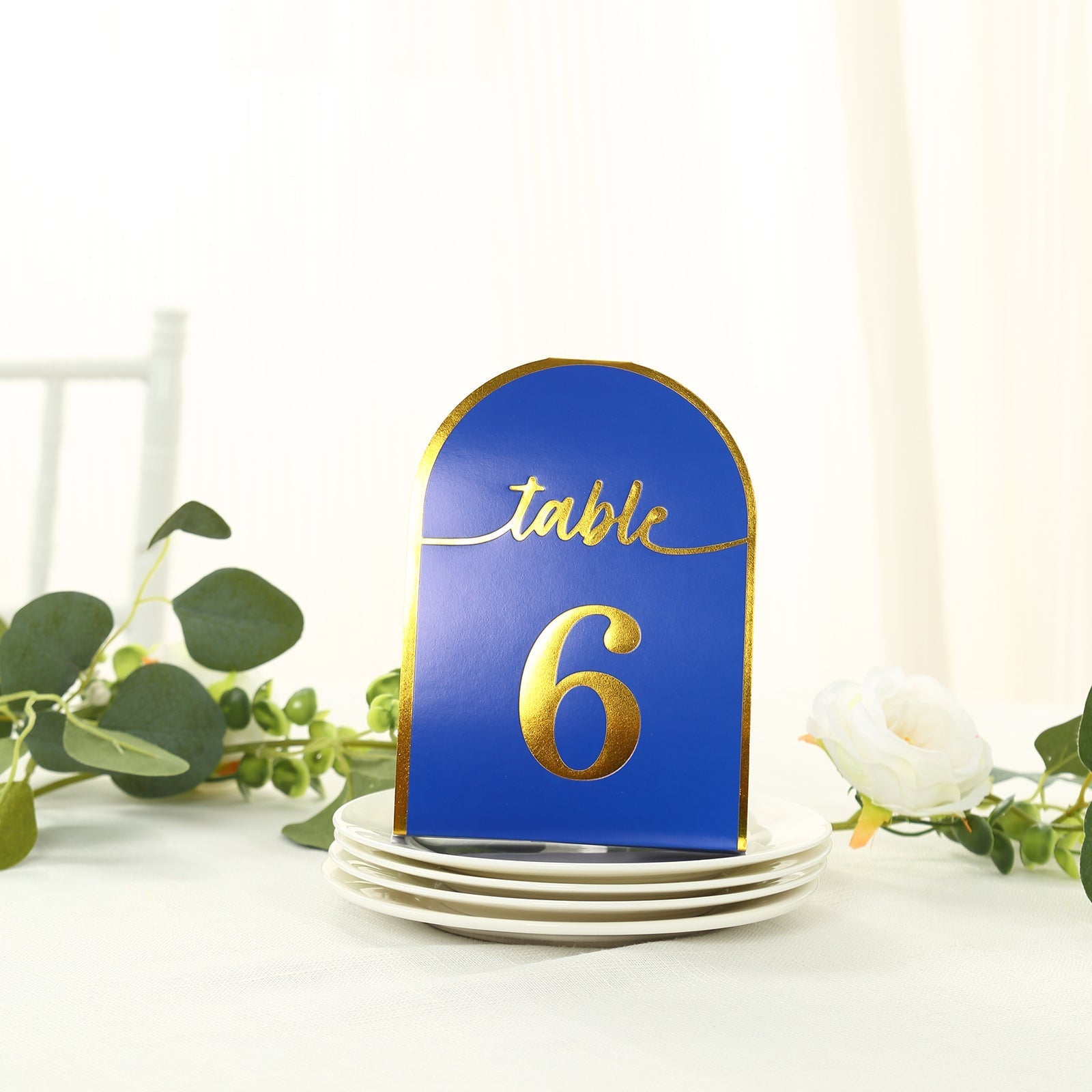 25-Pack 7" Disposable Table Numbers, Royal Blue Free Standing Double Sided Table Number Place Cards with Metallic Gold Foil Numbers 1-25