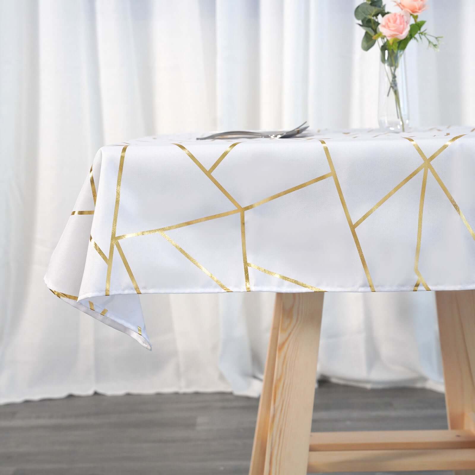 Polyester 54"x54" Table Overlay Square Tablecloth White with Gold Foil Geometric Pattern - Wrinkle-Resistant & Durable for Stylish Settings