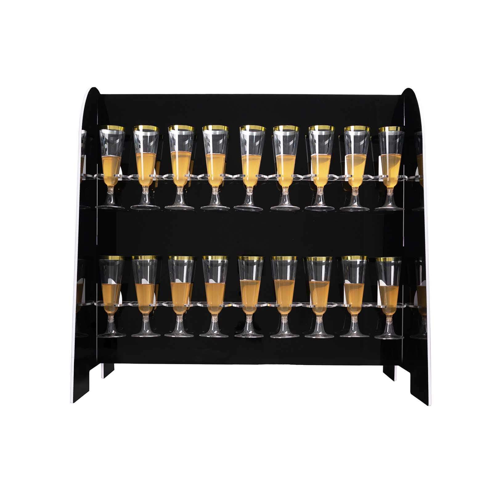 2-Tier Champagne Glass Holder Display Stand Table Top in Glossy Black - Modern Stemware Rack Cocktail Drink Holder with 18 Hooks for Events & DIY Bars 25"