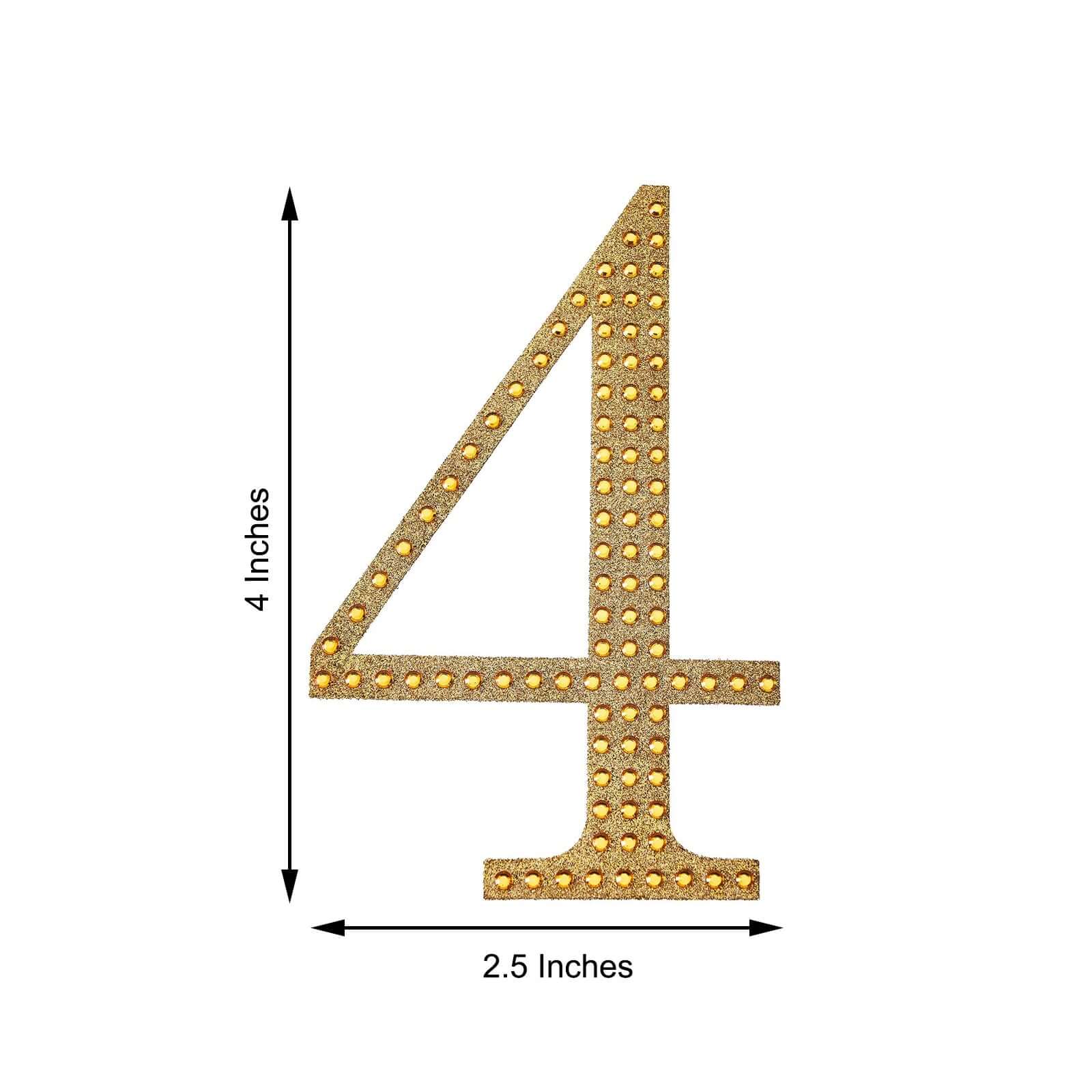 Decorative Rhinestone Number "4" Stickers, Glitter Adhesive Craft Numbers Gold DIY Sparkle Embellishments 4"