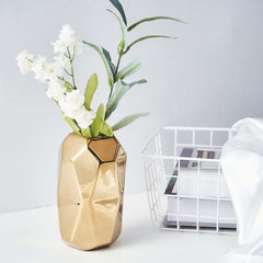 2-Pack Ceramic Cylinder Vases Metallic Gold Geometric - Stylish Modern Decor for Floral Arrangements 6"