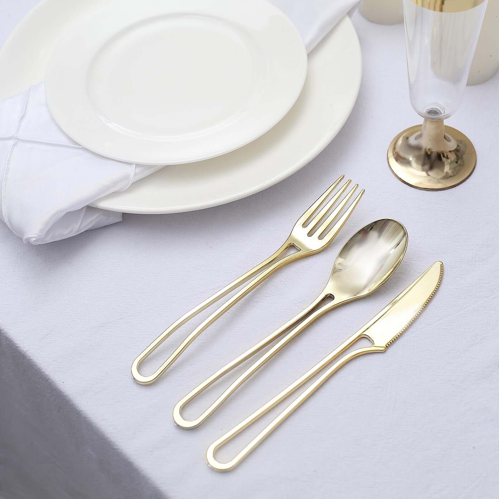 24-Pack Plastic Utensil Set with Modern Hollow Handle Design Gold - Disposable Silverware 7" for Parties