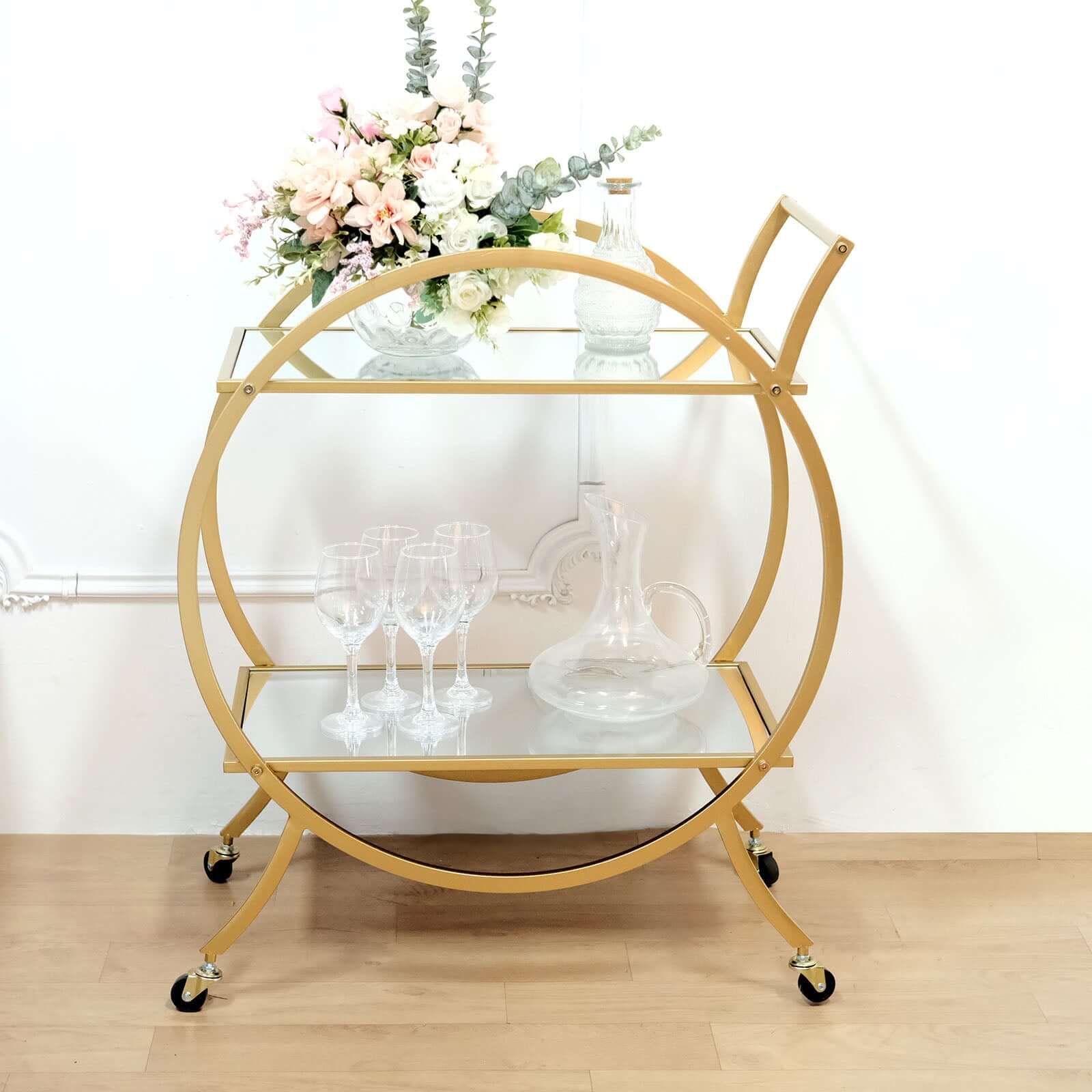 Gold Metal Bar Cart with Mirror Serving Tray 2-Tier - Round Teacart Island Trolley for Events 2.5ft