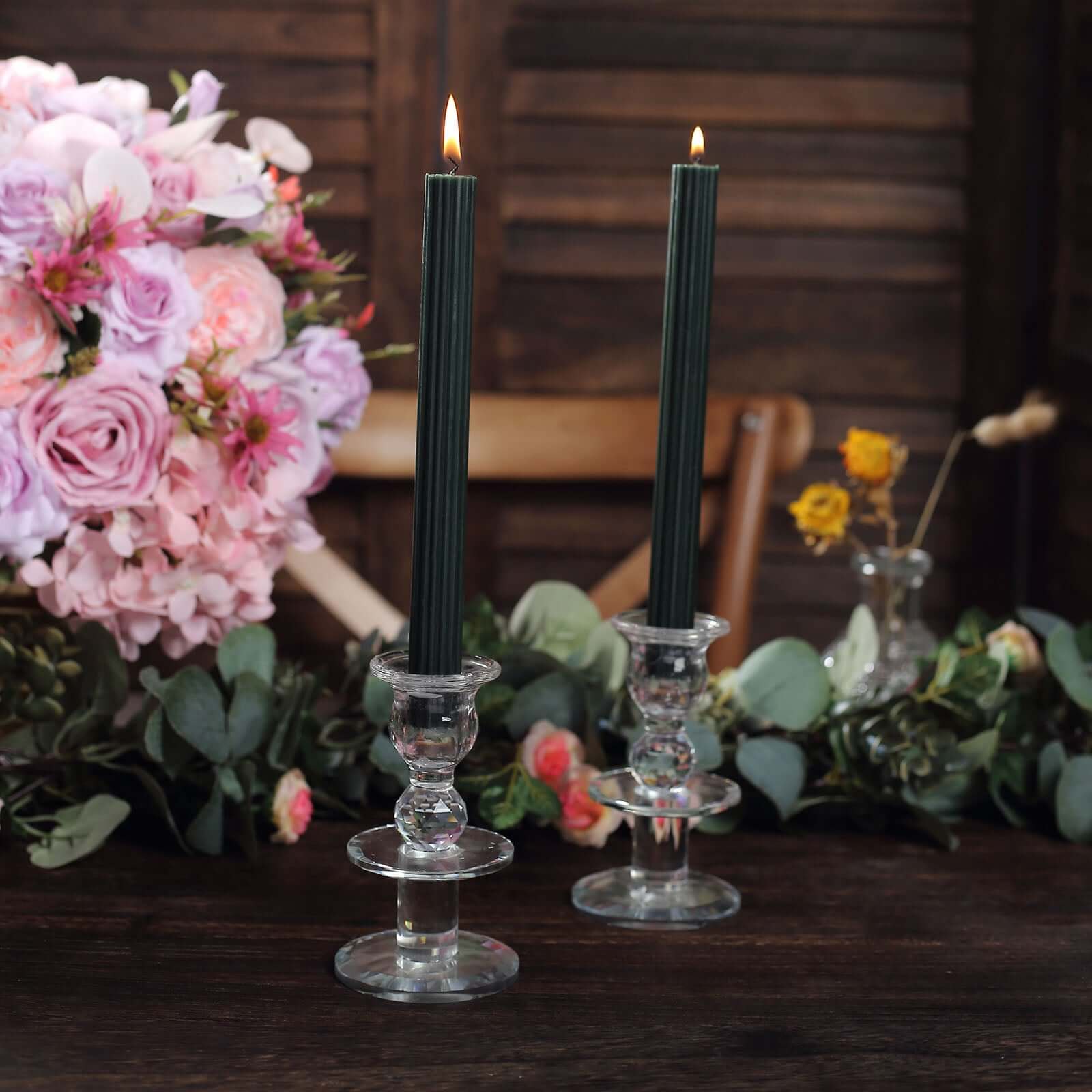 5-Pack Taper Candles Ribbed Wick Ribbon Wax Design Hunter Emerald Green - Premium Unscented Dinner Candles 9"