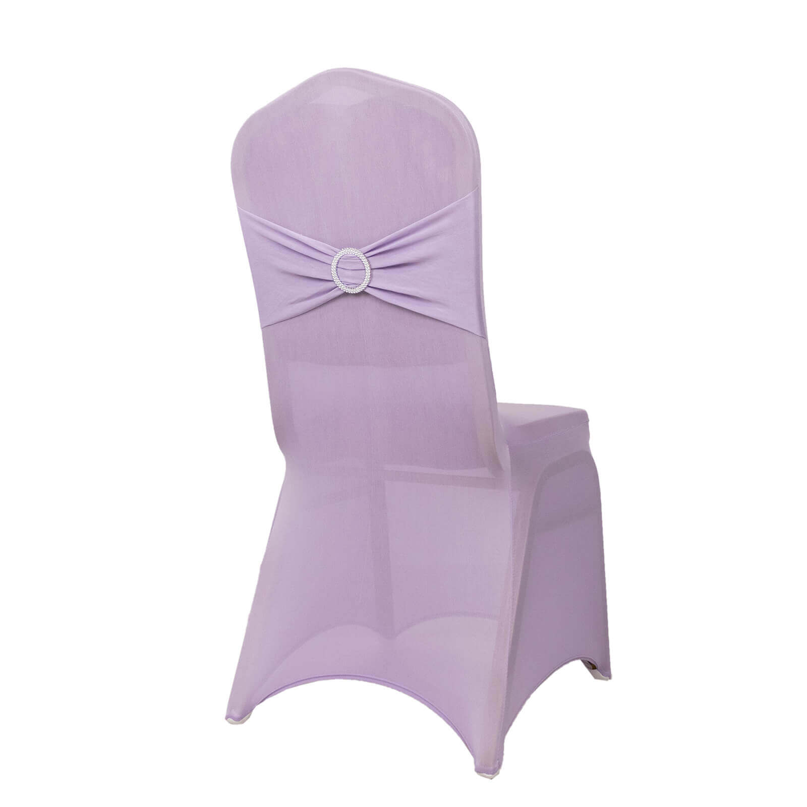 Spandex Chair Cover with Silver Rhinestone Buckled Sash Band Lavender Lilac - Stretch Fitted Slipcover