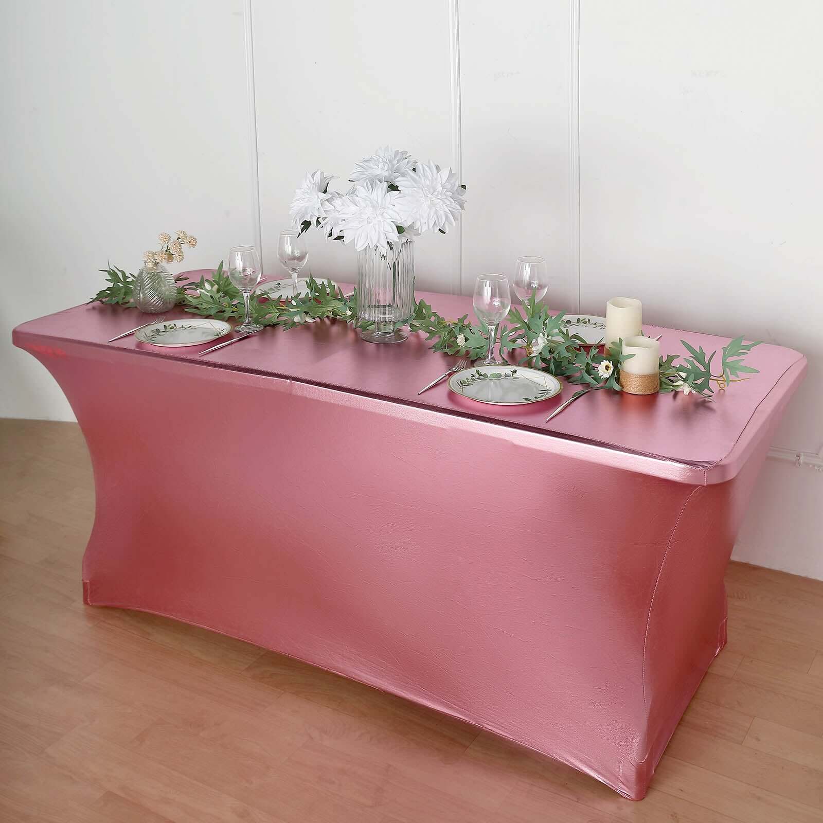 Stretch Spandex 72"x30" Rectangle Tablecloth Metallic Rose Gold - Form-Fitting Table Cover