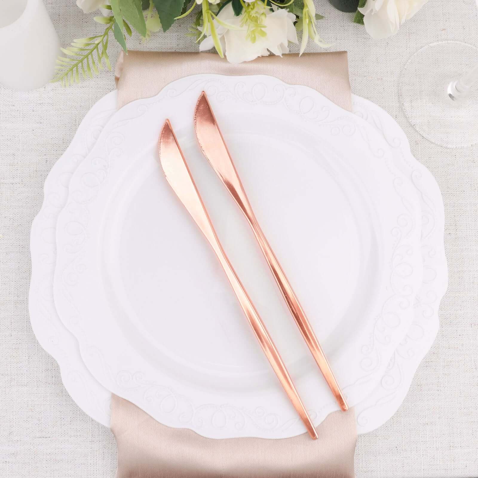 24-Pack Plastic Knives Glossy Rose Gold - Premium Heavy Duty Disposable Flatware Cutlery 8"