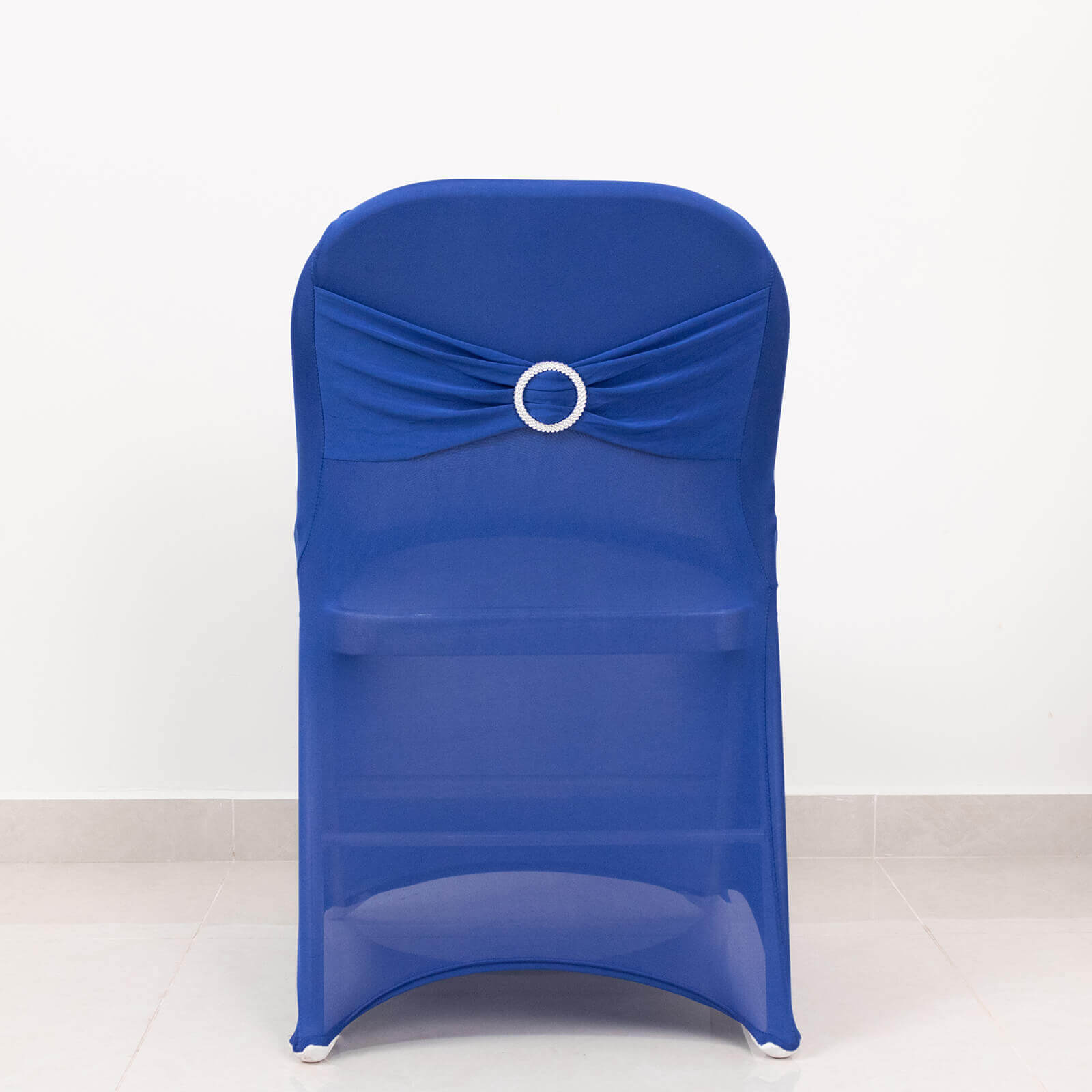 Stretch Spandex Chair Cover Royal Blue for Folding Chairs - Secure Fit Slipcover with Silver Rhinestone Buckled Sash Band