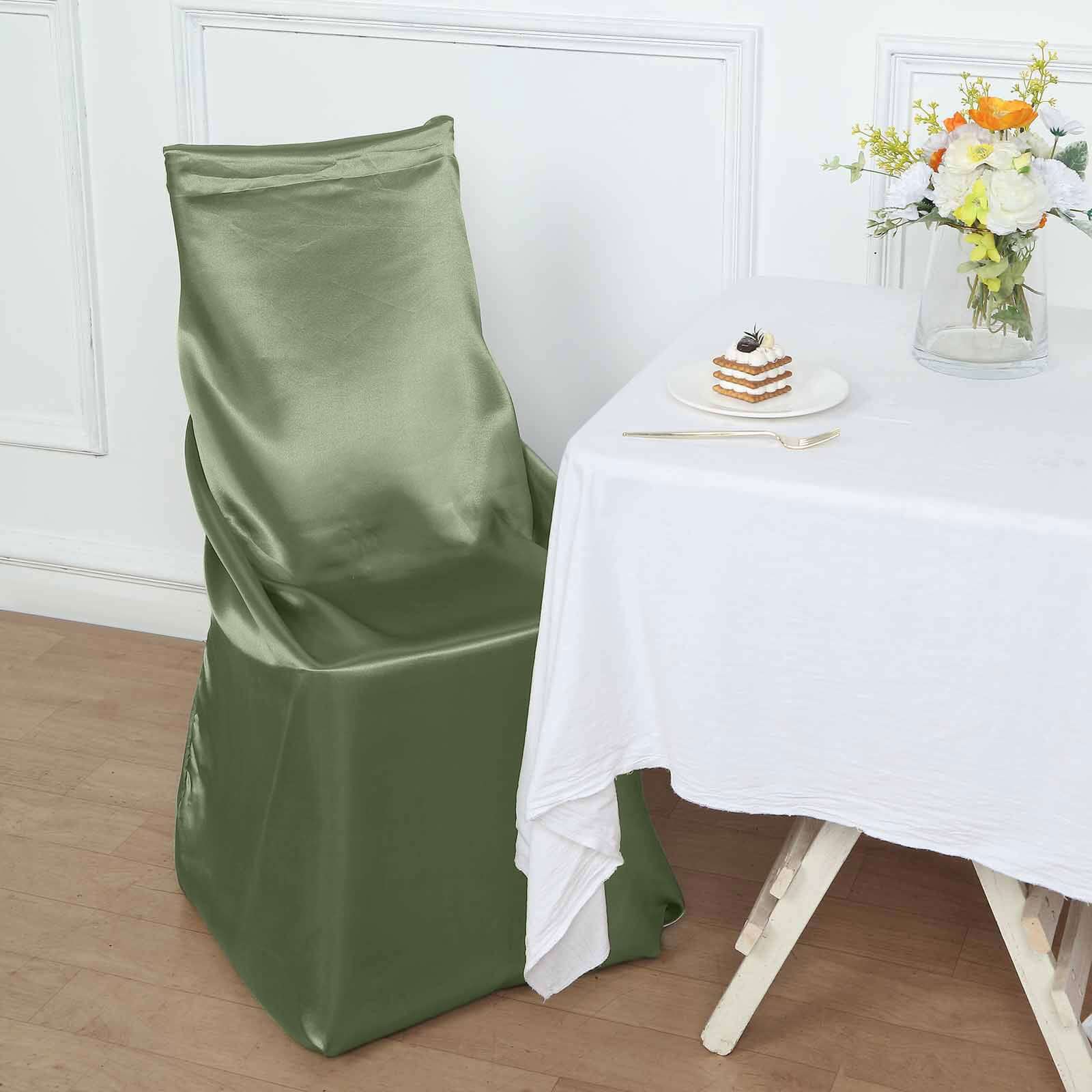 Satin Chair Cover Self-Tie Universal Design Dusty Sage Green - Durable Slip-On Cover for Folding, Dining, Banquet & Standard Chairs