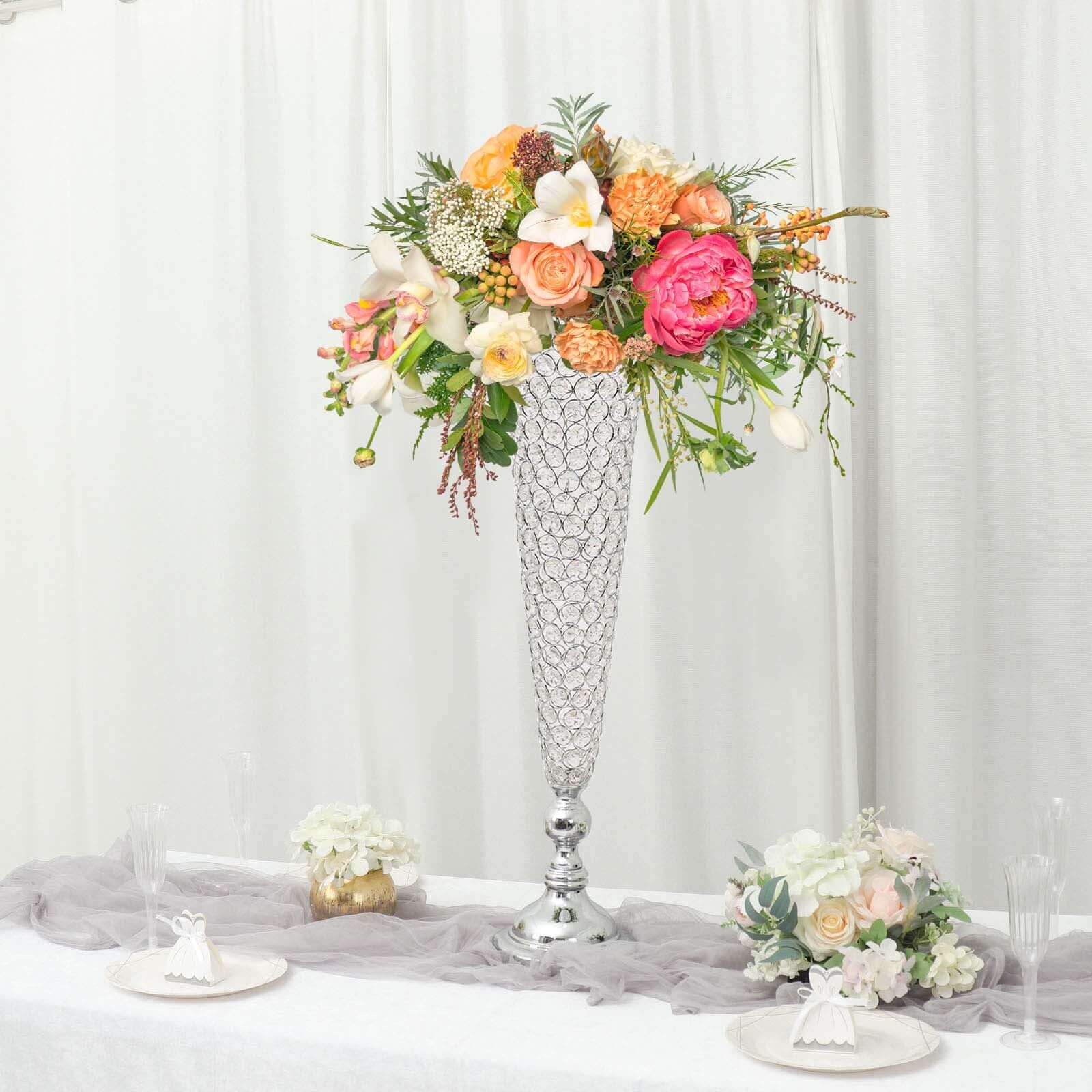 2-Pack Crystal Beaded Trumpet Vase Set Silver - Table Centerpiece for Weddings and Events 32"