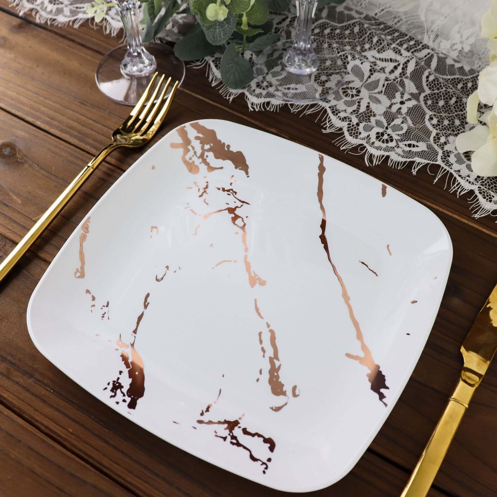 10-Pack Plastic 8" Square Dessert Plates in White with Rose Gold Marble Design - Disposable Appetizer Salad Party Plates