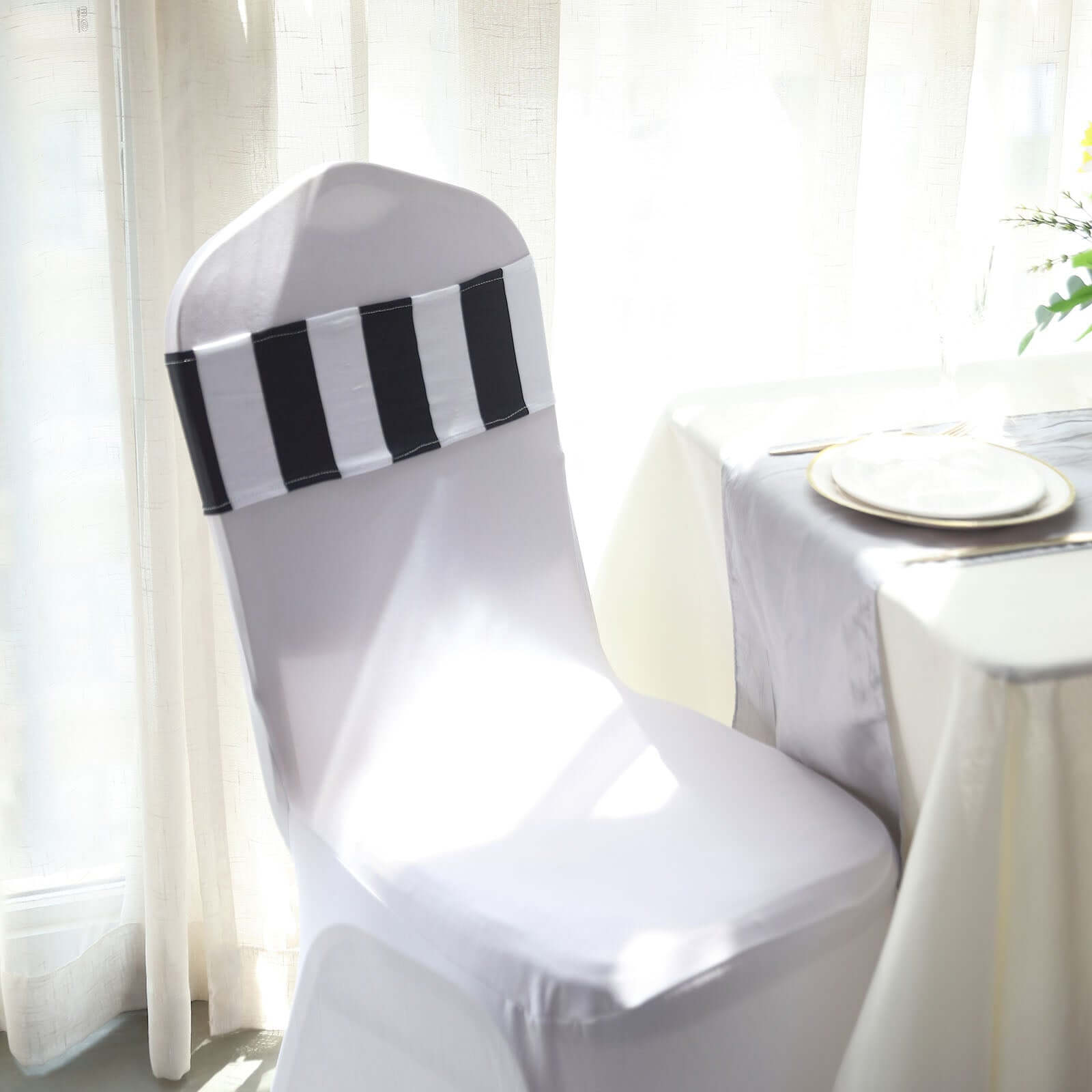 5 Pack Spandex Chair Sashes Black/White Vertical Stripes - Easy to Use & Wrinkle-Free Stretch Chair Bands for Stunning Tablescapes 5"x14"