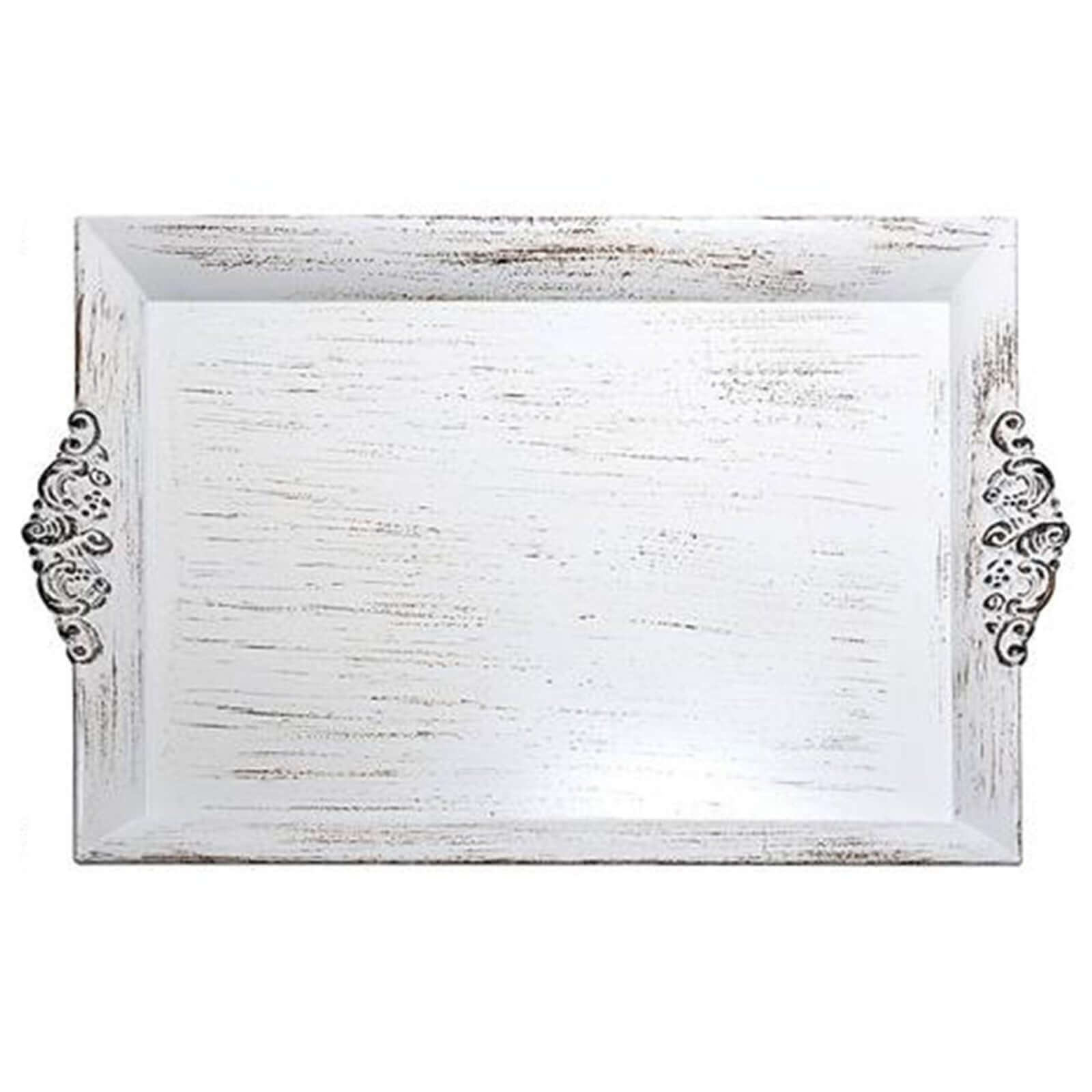 2-Pack Acrylic Rectangle Serving Trays 14"x10" in White Wash with Embossed Handles, Antique Decorative Dinner Party Food Platters
