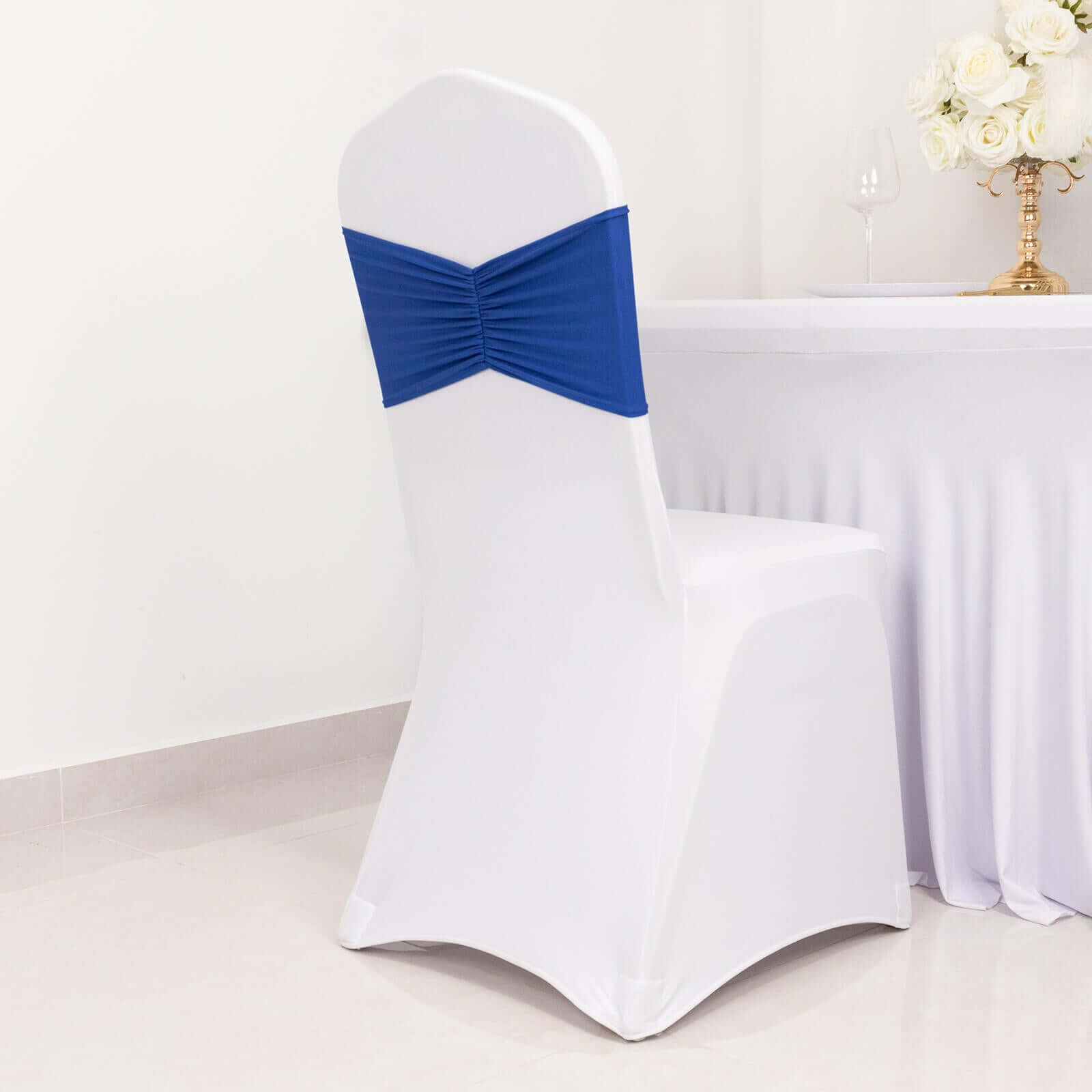 5 Pack Spandex Chair Sashes Royal Blue Ruffled Style - Wide Easy to Use Stretch Chair Bands 8"x13"